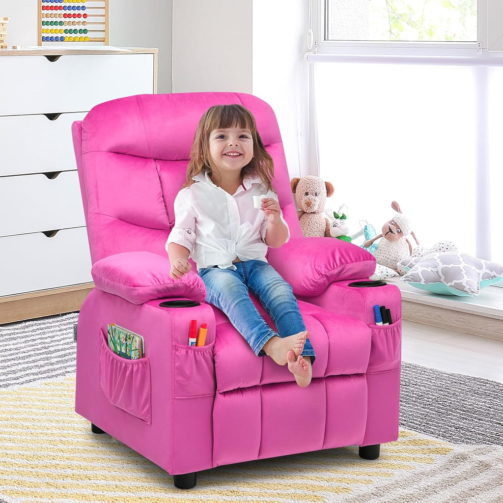 MAT EXPERT Kids Recliner, Velvet Adjustable Reading Chair w/ 2 Cup Holder, 3 Side Pocket Storage & Footrest, Kids Couch Gaming Chair, Toddler Lounge Chair for Boys Girls, Kids Room Playroom (Pink)