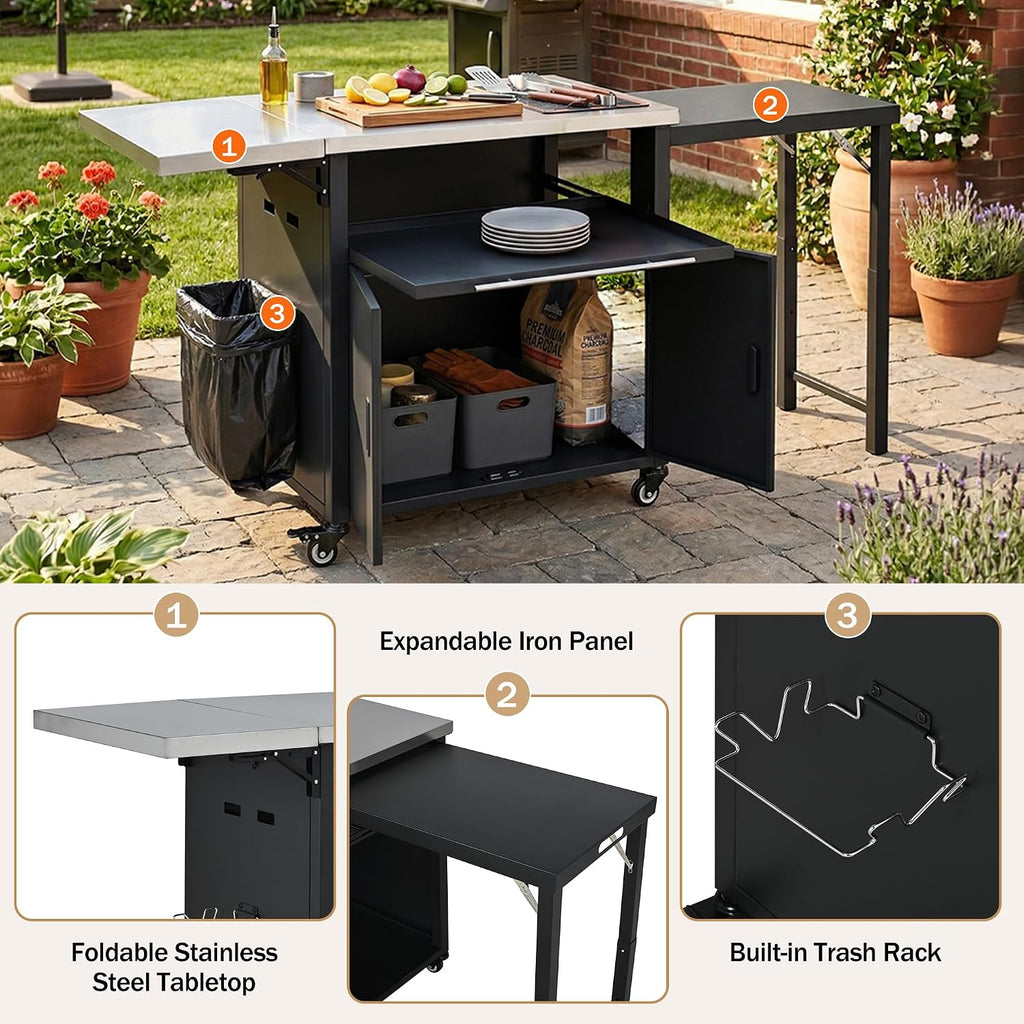 LUMISOL Grill Cart with Foldable Tabletop, Outdoor Foldable Kitchen Cart with Trash Rack, Portable Prep Station Patio Dining Cart with Storage Space and Open Drawer, for Patio Backyard, Black