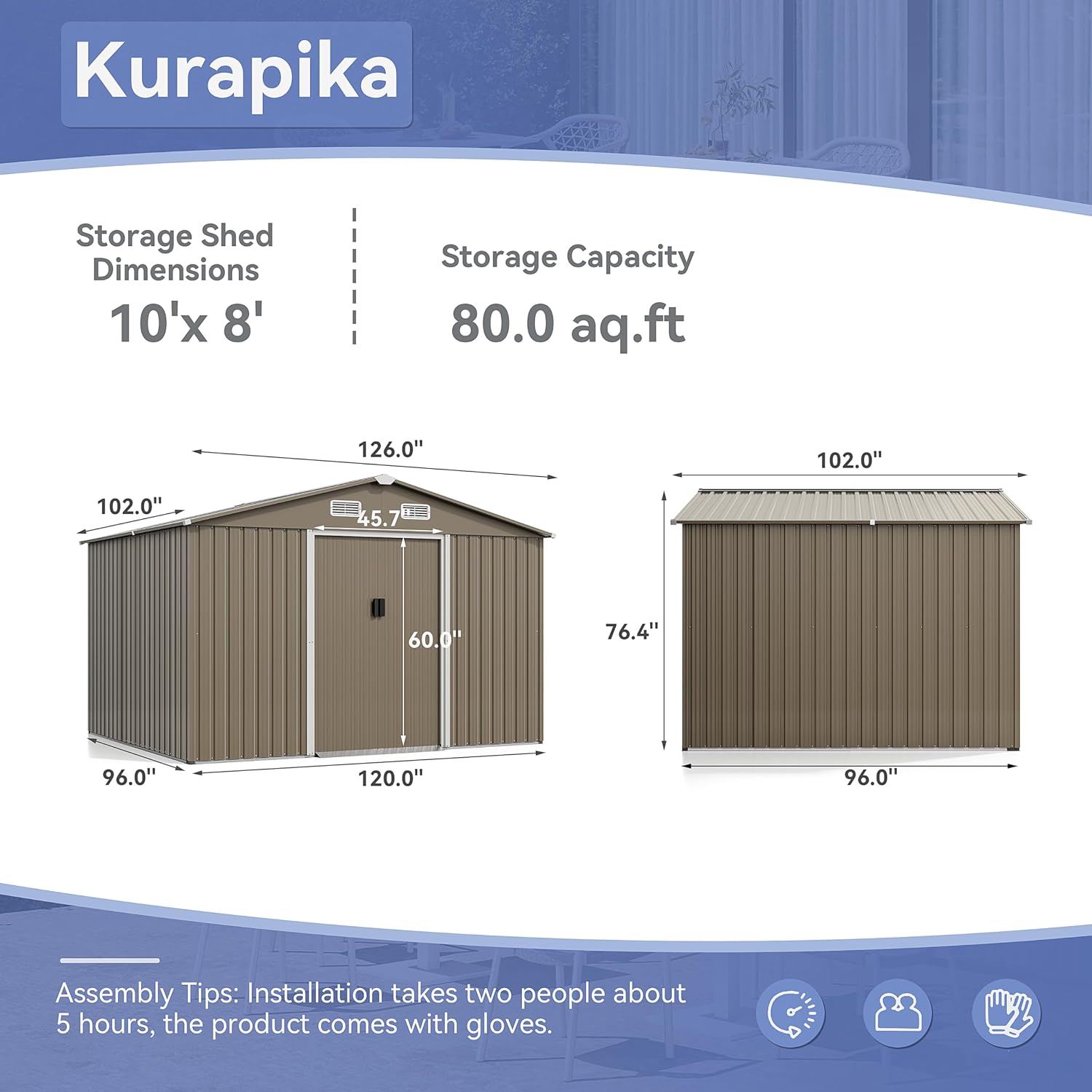 Kurapika 10 x 8FT Outdoor Storage Shed Waterproof, Large Garden Tool House with Air Vents and Lockable Sliding Door, Metal Shed for Garden, Patio, Backyard, Lawn
