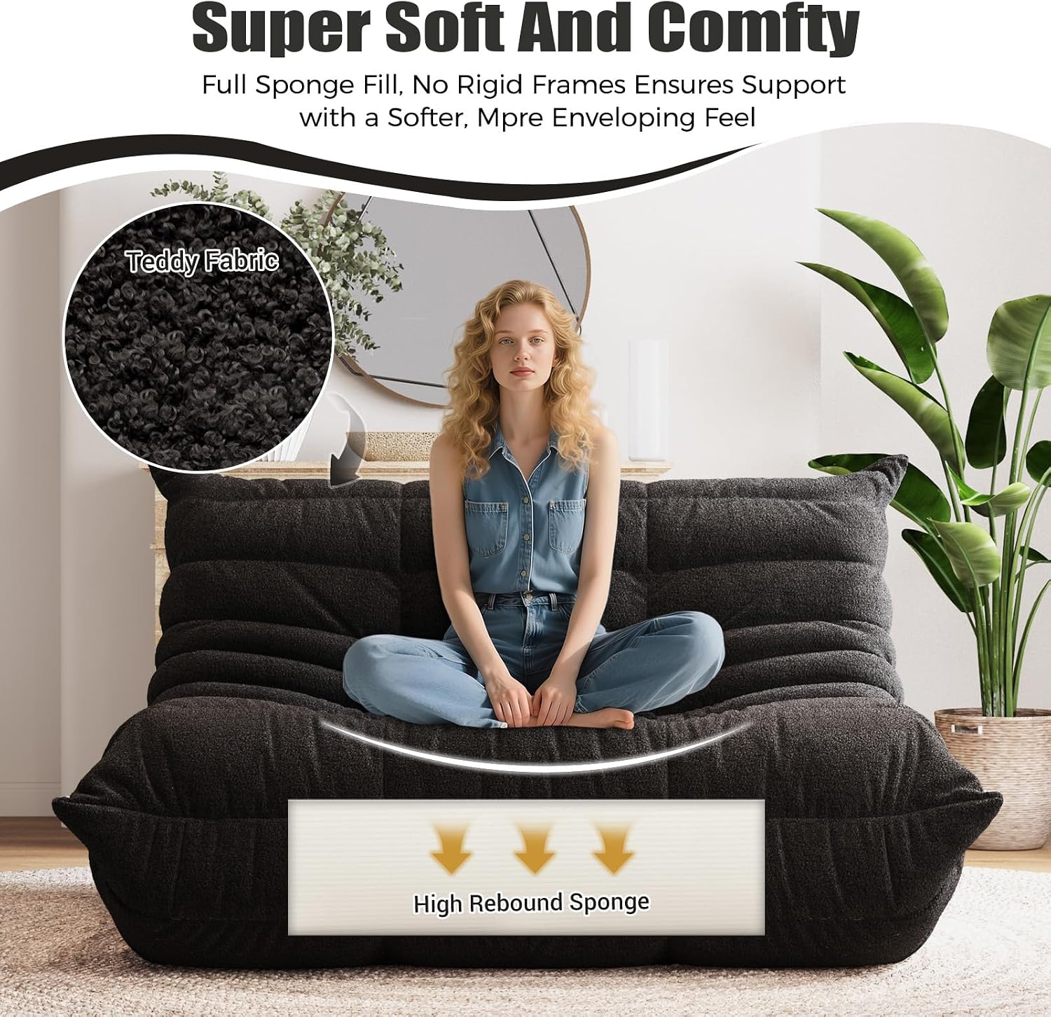 Bean Bag Chairs for Adults, Giant Bean Bag Chair Sofa with Memory Foam, Comfy Beanbag Loveseat Lazy Sofa for Living Room, Bedroom, Apartment, Black