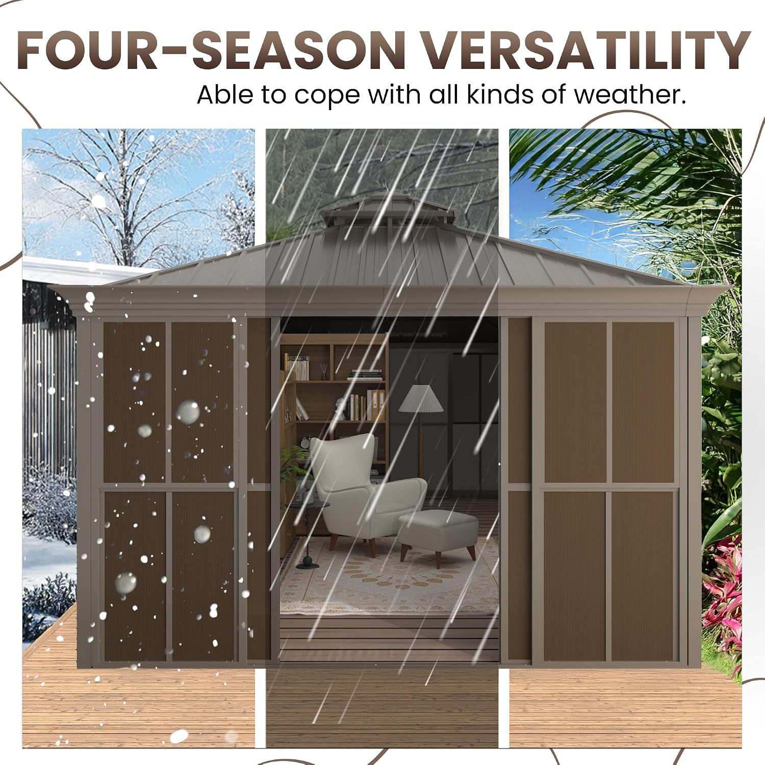 EROMMY 12' X 16' Hardtop Sunroom, Galvanized Steel Double Roof Gazebo Solarium with Detachable Windows & Lockable Doors, All-Weather Sun Room for Patio Deck Backyard