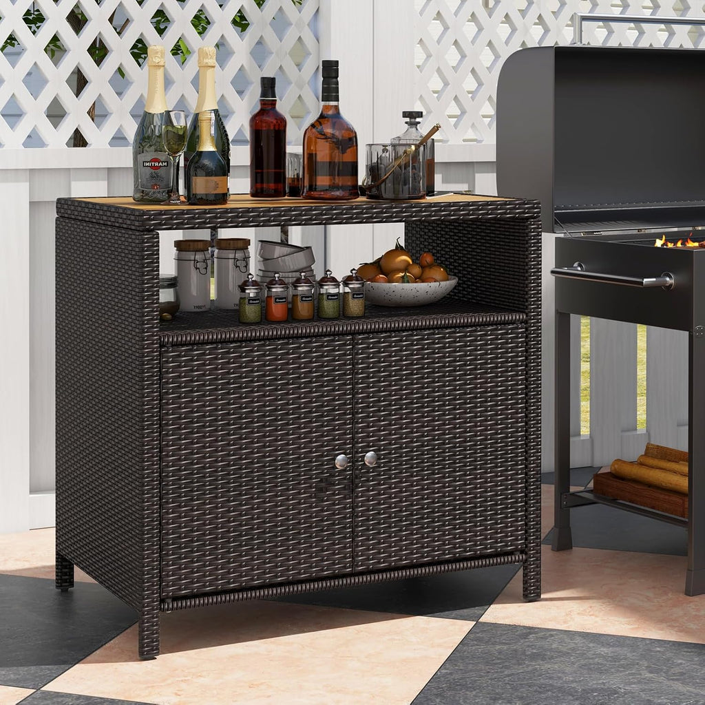 RELAX4LIFE Wicker Outdoor Bar Cabinet - PE Rattan Patio Bar Table w/Acacia Wood Countertop, Open Shelf & 2 Doors, Buffet Sideboard Organizer for Garden Backyard Pool, Outside Storage Cabinet (Brown)