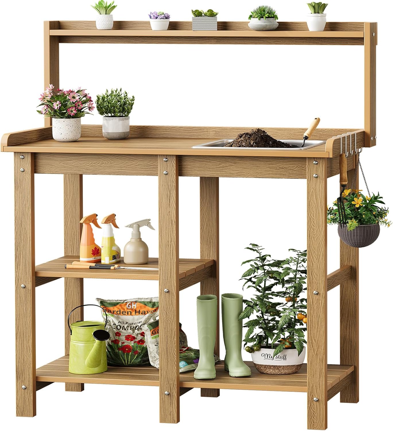ONBRILL Potting Bench, Outdoor Potting Bench Table with Removable Sink, HDPS Potting Benches for Outside, Garden Table with Storage Shelves & 4 Side Hooks, No Rot, No Fade, No Break, 360lbs Capacity