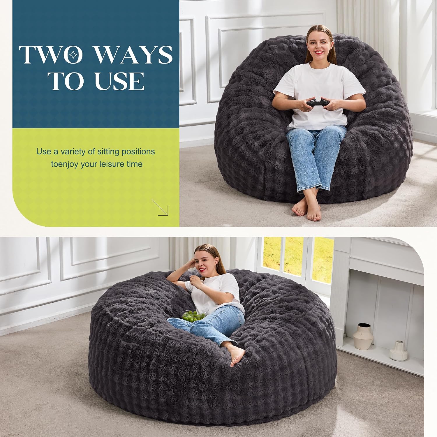 Hobestluk Bean Bag Chairs Beanbag Chair with Filler Adult Bean Bags with Fluffy & Machine Washable Cover, Giant Bean Bag Chairs for Aduts (Dark Grey, 5FT-50' x 50' x 24')