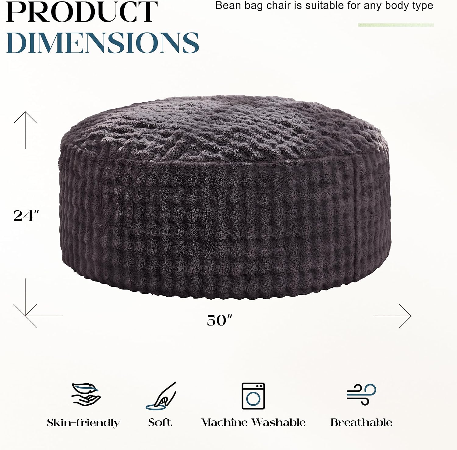 Hobestluk Bean Bag Chairs Beanbag Chair with Filler Adult Bean Bags with Fluffy & Machine Washable Cover, Giant Bean Bag Chairs for Aduts (Dark Grey, 5FT-50' x 50' x 24')
