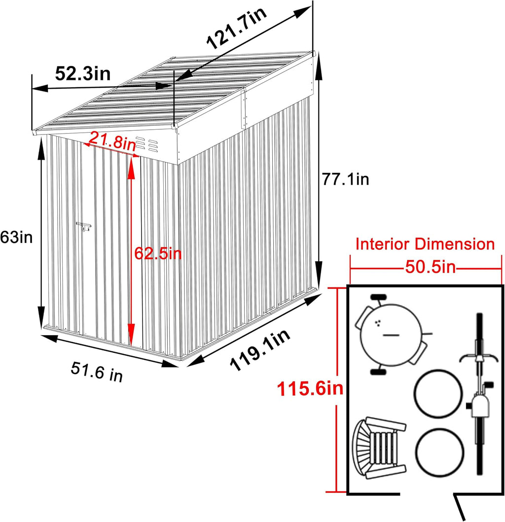 MUPATER 4×10 FT Storage Shed for Outdoor,Lean-to Shed Kit with Thickened Galvanized Steel, Metal Tools Shed with Lockable Door & Air Vents for Patio, Garden, Grey