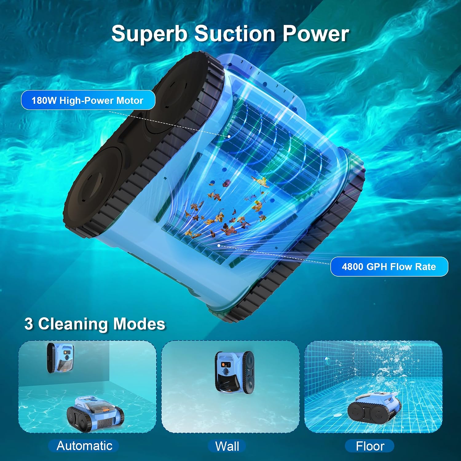 (2025 New) Pool Vacuum for Inground Pools Cordless Robotic Pool Cleaner, 4-in-1 Floor/Wall/Waterline Cleaning/Smart Navigation, 180 Mins Runtime Pool Vacuum for Inground Pools Up to 2100 Sq.ft