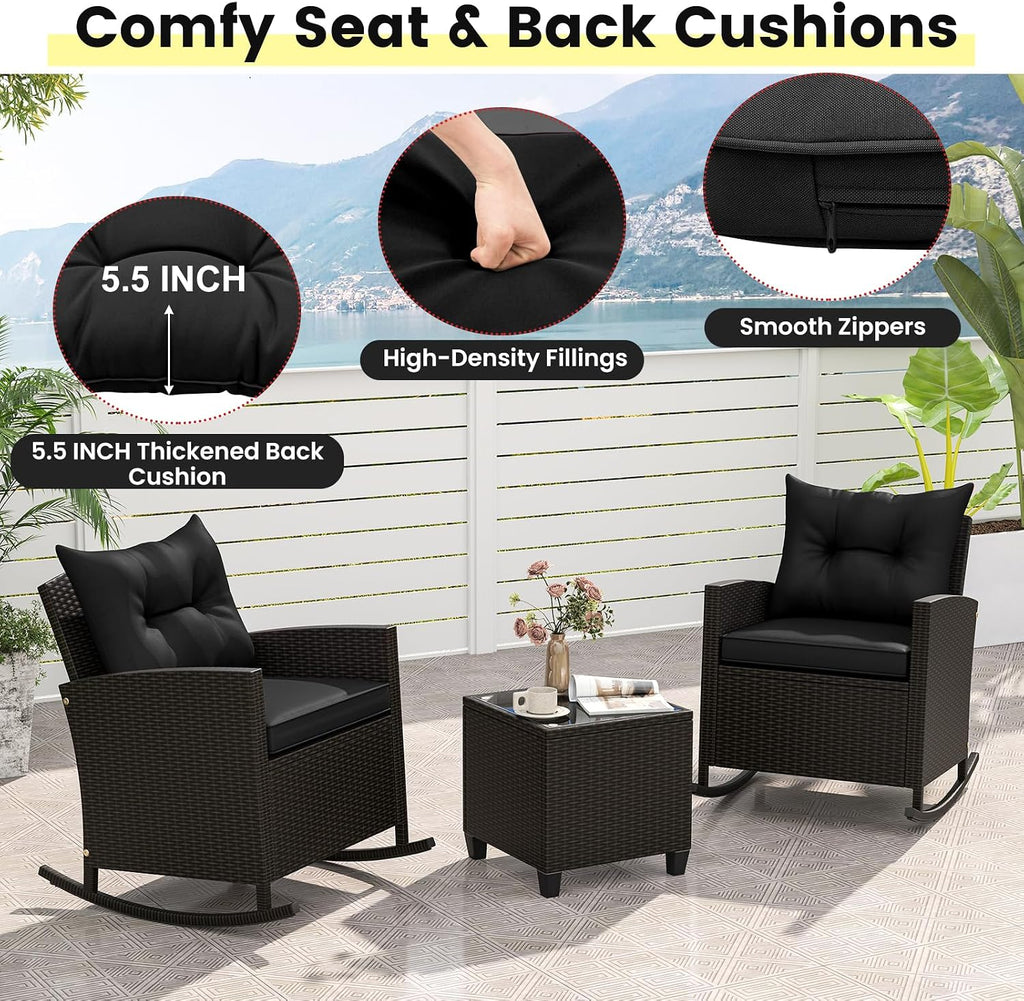 ORALNER 3 Pieces Patio Furniture Set, Outdoor Wicker Rocking Chairs with Soft Cushions, Glass Coffee Table, Rattan Conversation Bistro Set for Front Porch Balcony Garden Deck Poolside (Black)