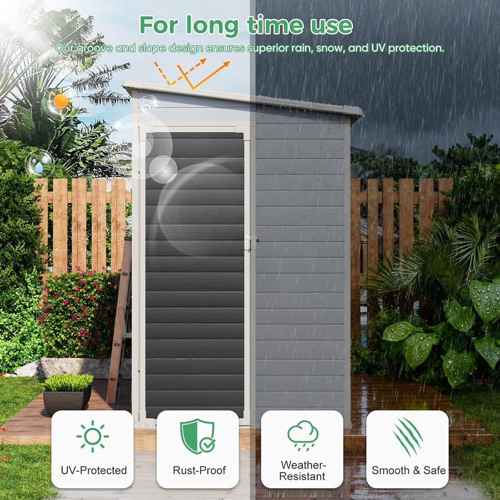 4x8 FT Outdoor Storage Shed with Floor, Upgraded Frame & 16mm Thickened Resin Walls, Space-Saving Lean-to Tool House with 2 Windows & Lockable Single Door for Side Yard