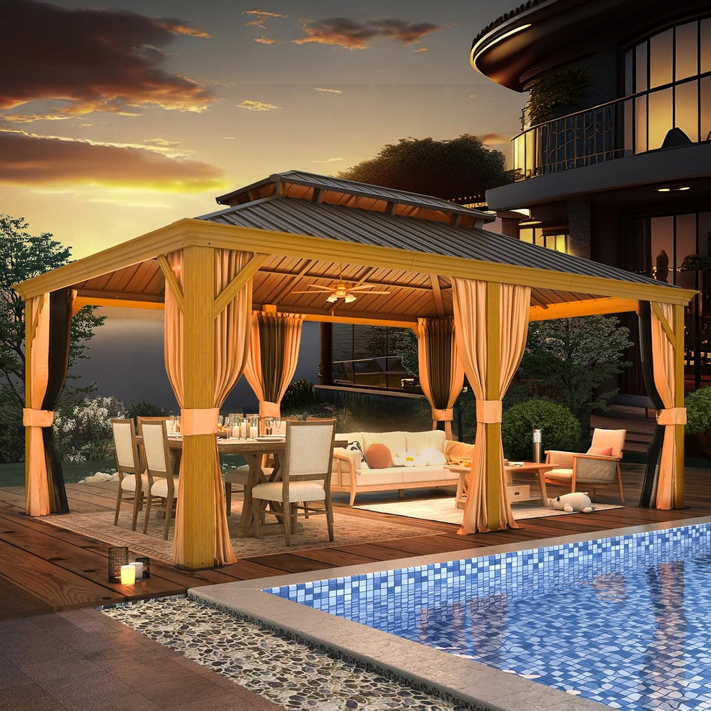 MELLCOM 12'x18' Hardtop Gazebo, Wood Grain Aluminum Frame with Galvanized Steel Double Roof and Water Gutter, Outdoor Permanent Metal Pavilion with Curtains and Nettings for Patios, Gardens and Lawns