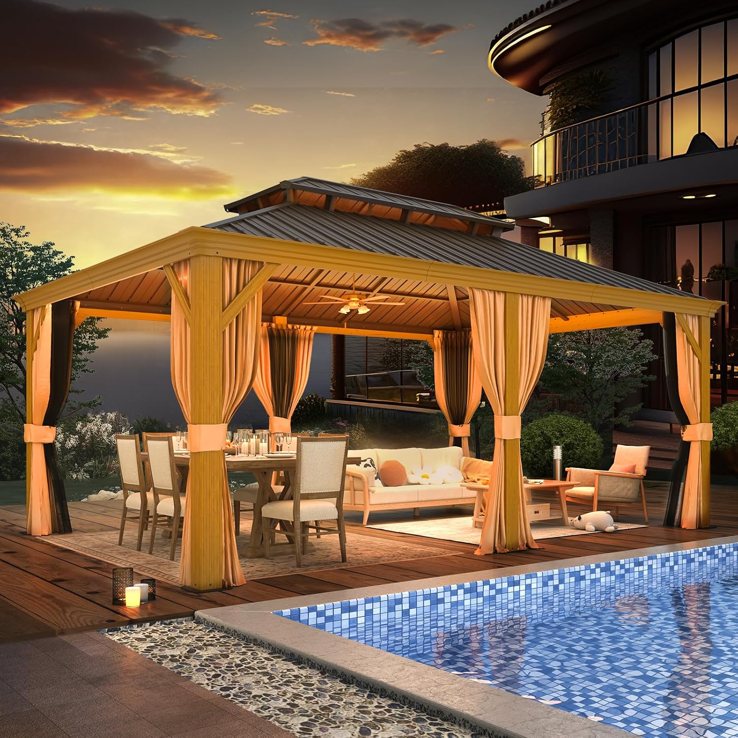 MELLCOM 12'x18' Hardtop Gazebo, Wood Grain Aluminum Frame with Galvanized Steel Double Roof and Water Gutter, Outdoor Permanent Metal Pavilion with Curtains and Nettings for Patios, Gardens and Lawns