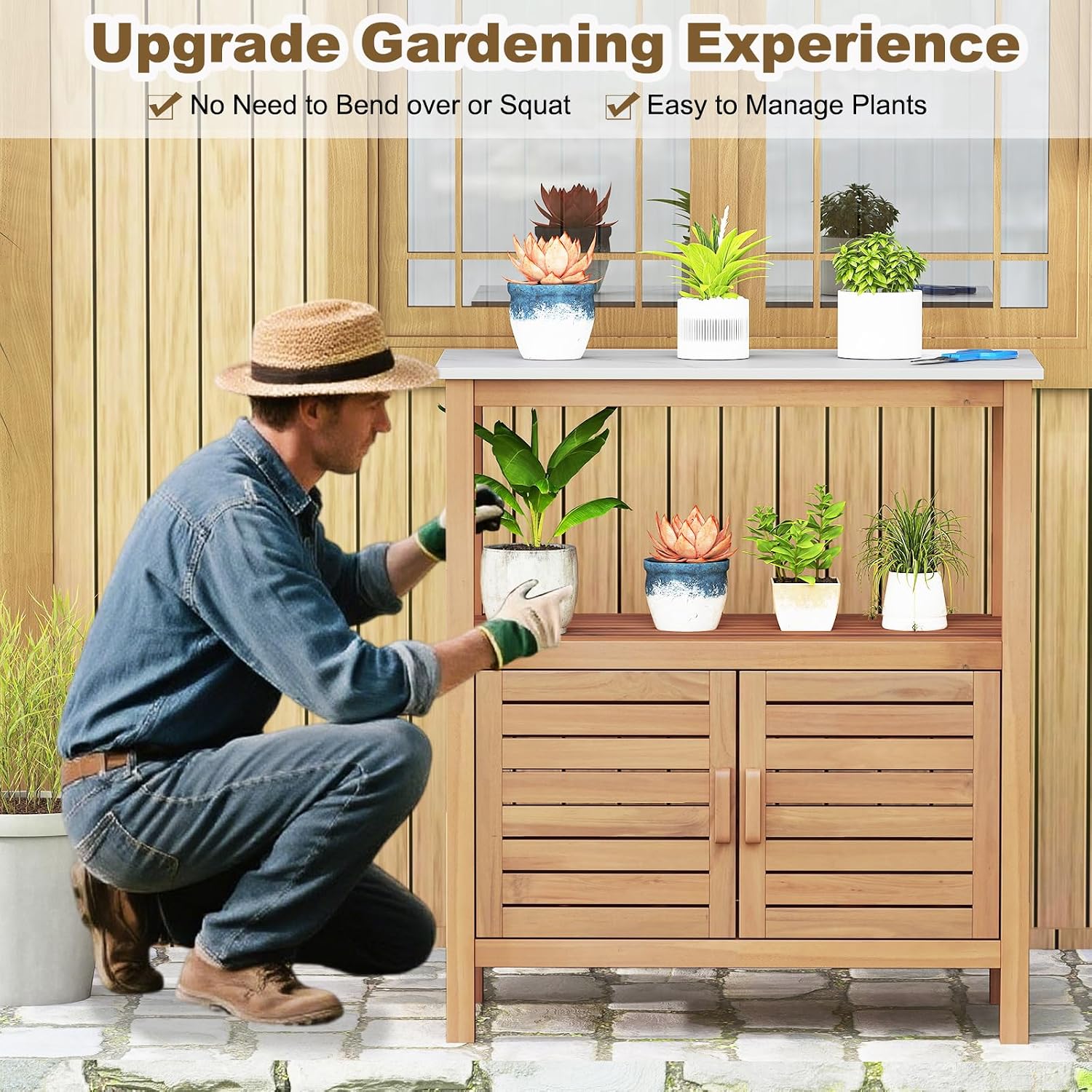 Giantex Outdoor Potting Bench, Acacia Wood Planting Workstation with 2-Door Storage Cabinet, Faux Marble Tabletop, Open Storage Shelves, Garden Potting Table for Horticulture