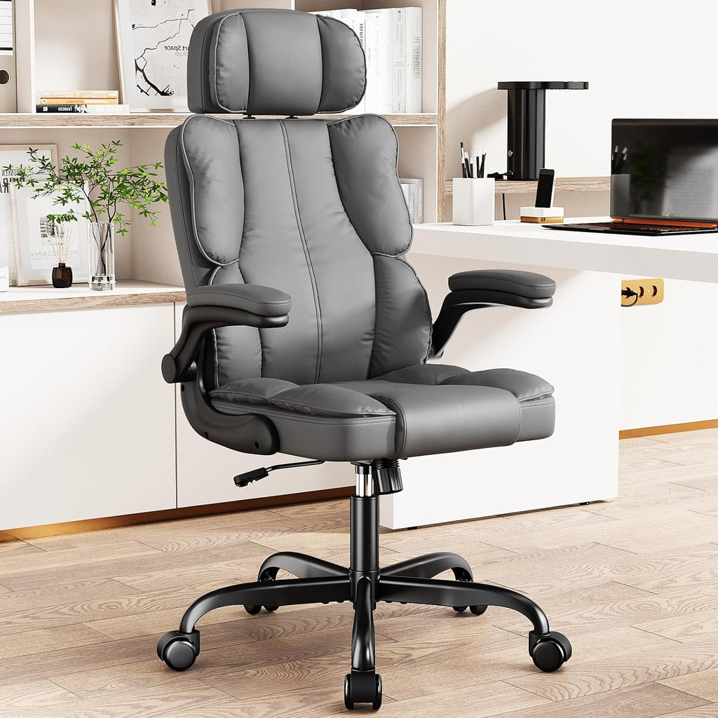 Kensaker Ergonomic Executive Office Chair with Adjustable Headrest & 90° Flip-Up Arms, High Back PU Leather Computer Desk Chair with 135° Rocking & Double Padding for Home Office Comfort, Gray
