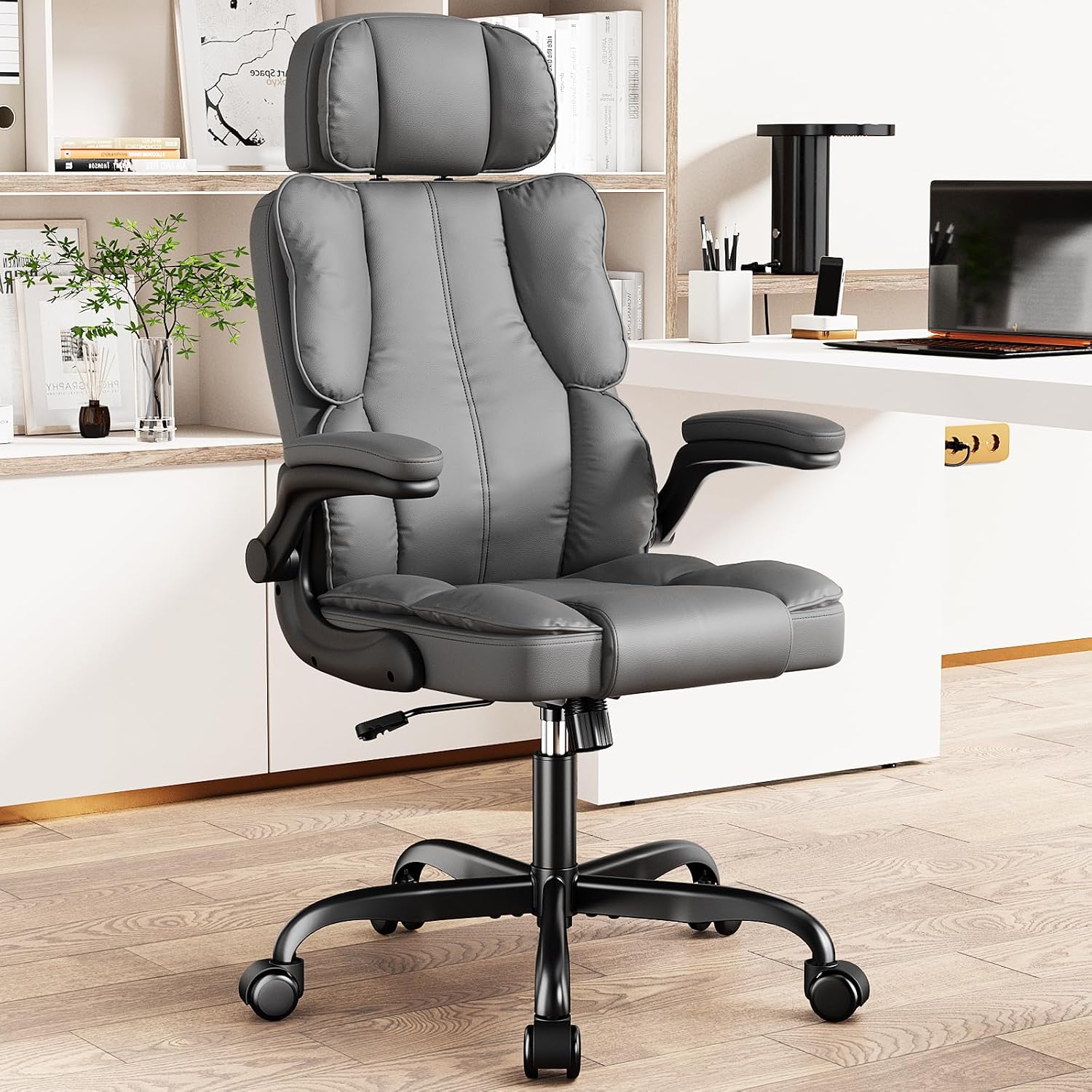 Kensaker Ergonomic Executive Office Chair with Adjustable Headrest & 90° Flip-Up Arms, High Back PU Leather Computer Desk Chair with 135° Rocking & Double Padding for Home Office Comfort, Gray