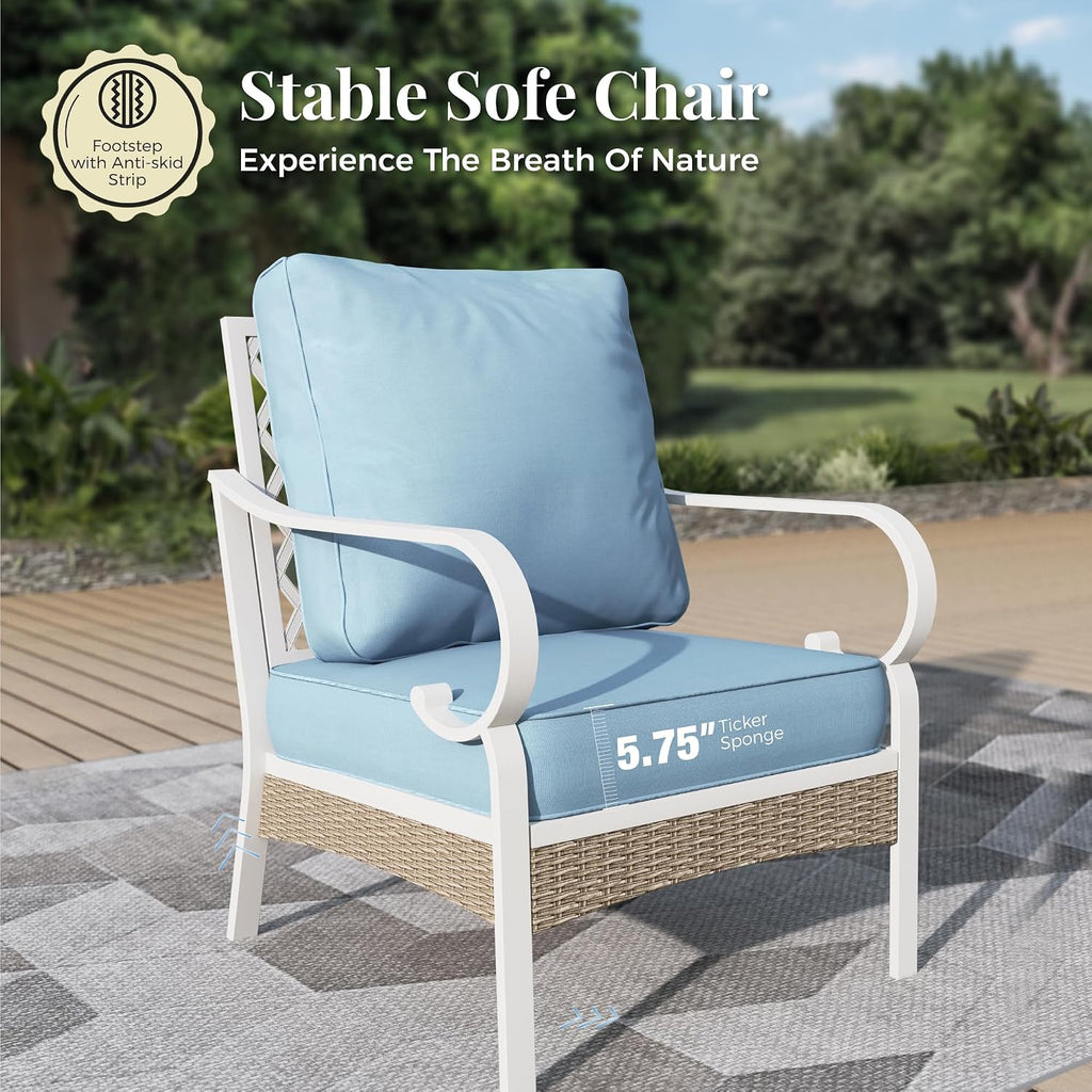 4 Piece Metal Patio Furniture Set, 5-Seat All Weather Outdoor Conversation Set with 3-Seat Sofa & 2 Fixed Chairs & 47'' Coffee Table, Outdoor Furniture Set for Backyard, Deck, Garden, White/Blue