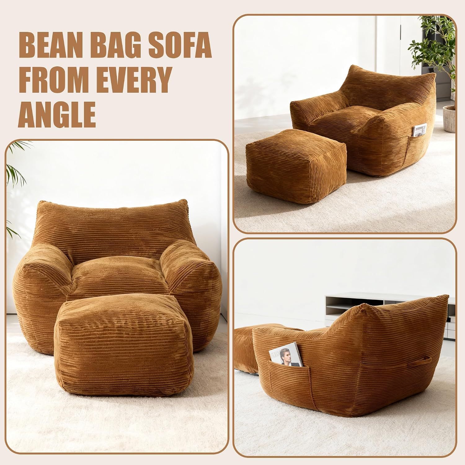 Giant Bean Bag Chair with Ottoman, Comfy Bean Bag Couch with 2 Side Pocket, Corduroy Boneless Couch Chair in a Box, Stuffed Lounge Floor Sofa for Dorm, Bedroom, Living Room, Brown