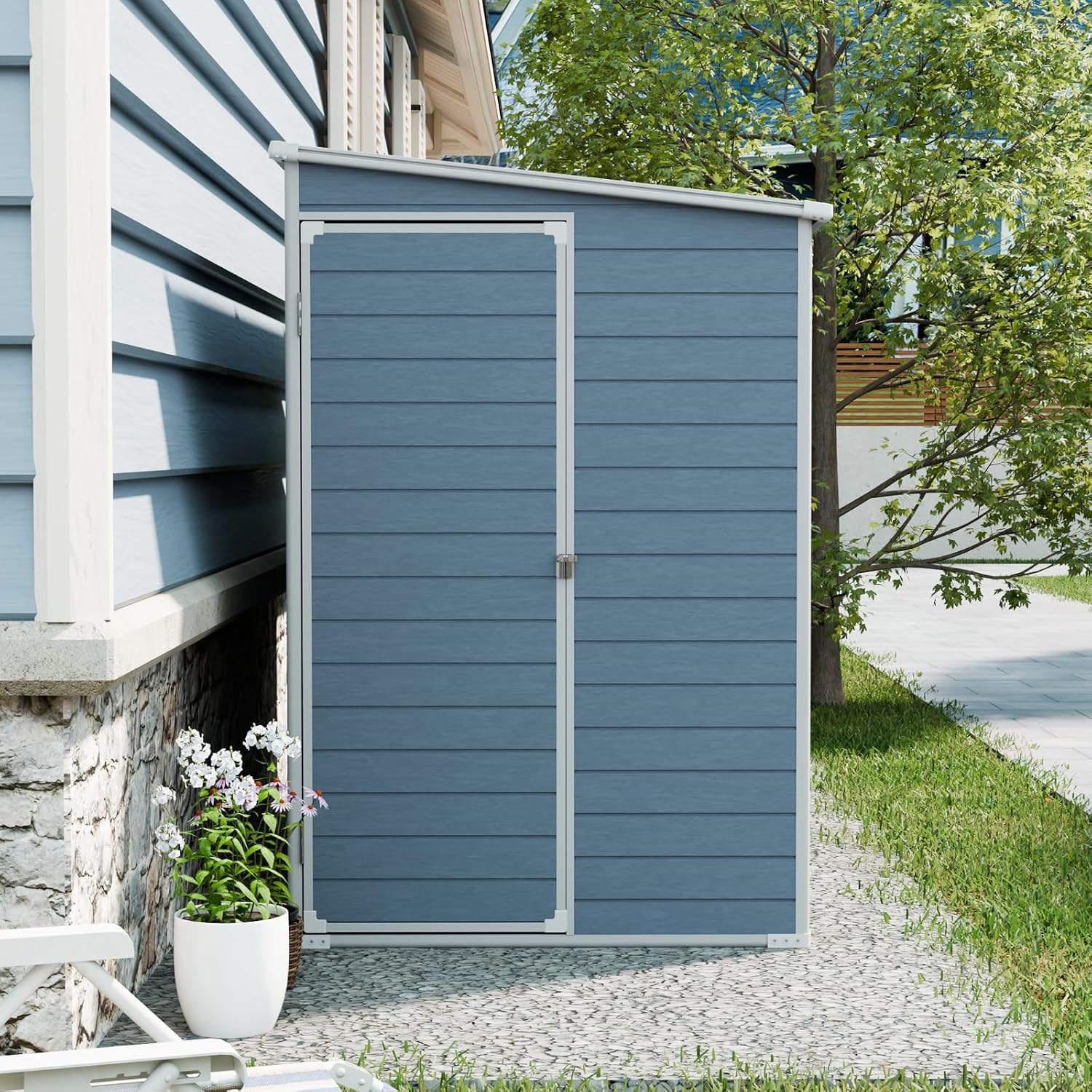 KUIKUI 8x4ft Shed with Floor Included, Outdoor Storage Plastic Resin Lean to Shed with 2 Windows and Lockable Door, Backyard Storage Sheds for Garden Tools, Bike, Grey