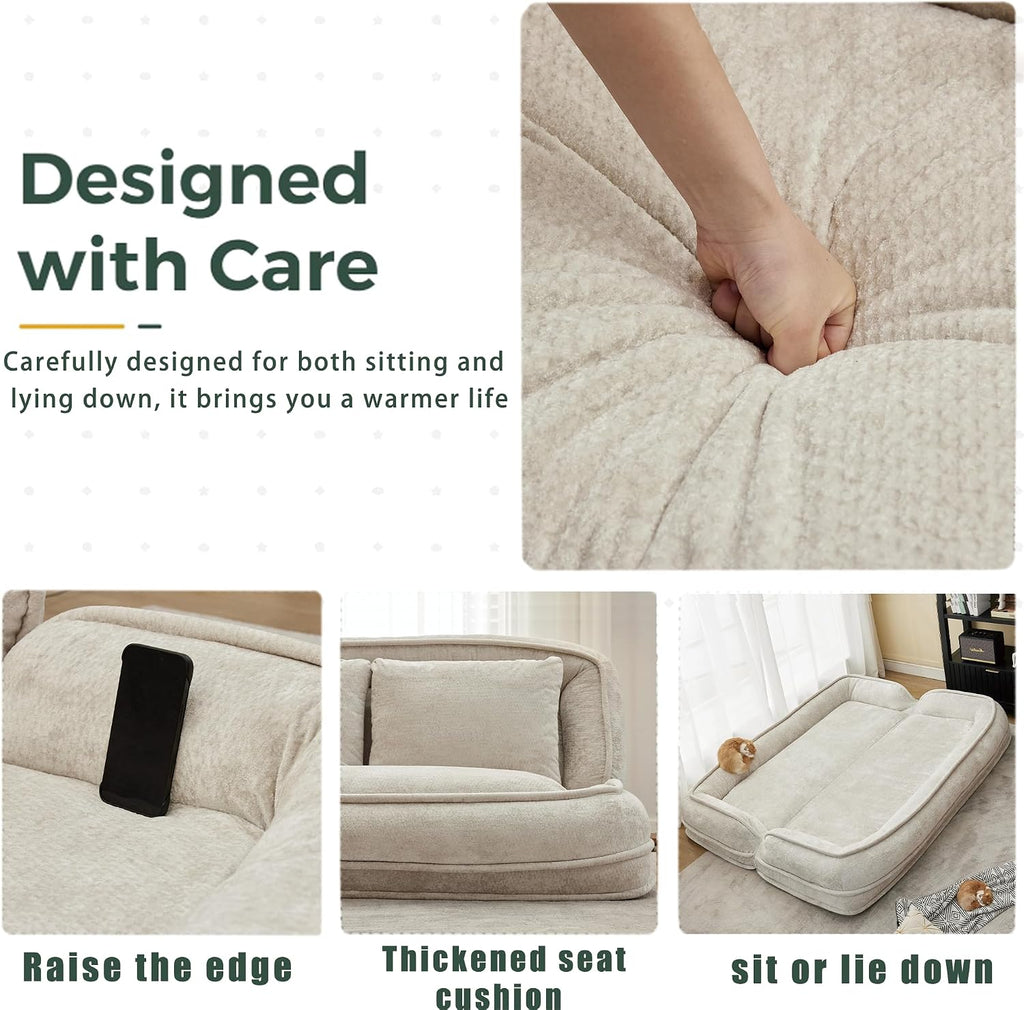 71'' Human Dog Bed, Upholstered Lounge Loveseat Chair, Floor Chair with Back Support, 5 Adjustable Position Folding Sofa Bed for Adults & Pets, Lazy Sofa Bed for Living Room, Game Room, Beige