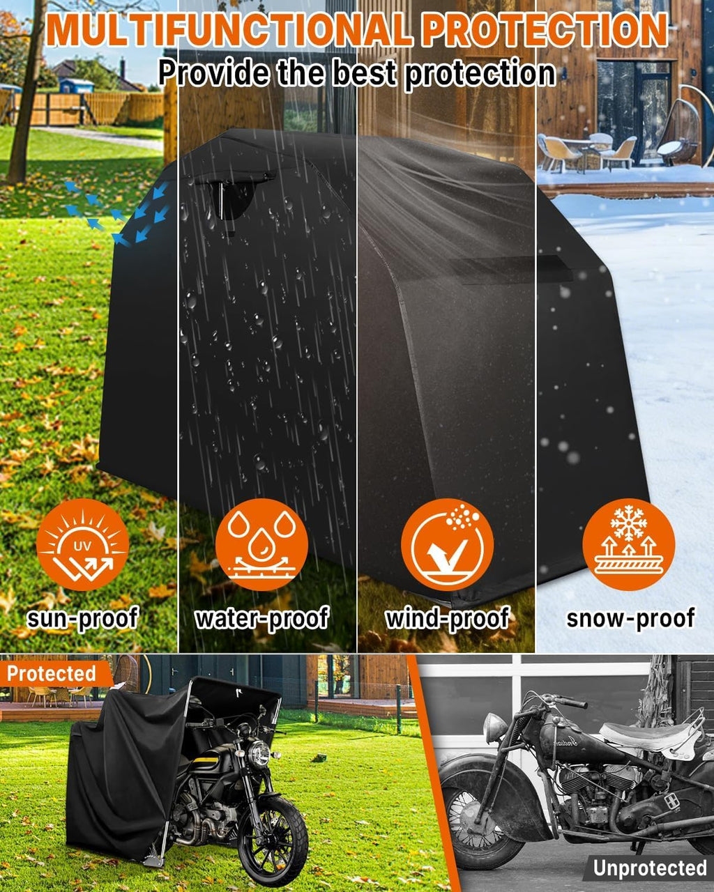 PROEZE Heavy Duty Motorcycle Shelter Storage Sheds Motorcycle Garage, 136'x54' x75' Motorcycle Cover Waterproof Outdoor Motorcycle Tent with Lock