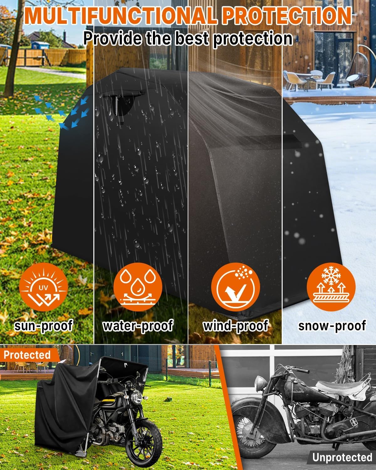 PROEZE Heavy Duty Motorcycle Shelter Storage Sheds Motorcycle Garage, 106.3'x 41.3'x 61.1' Motorcycle Cover Waterproof Outdoor Motorcycle Tent with Lock