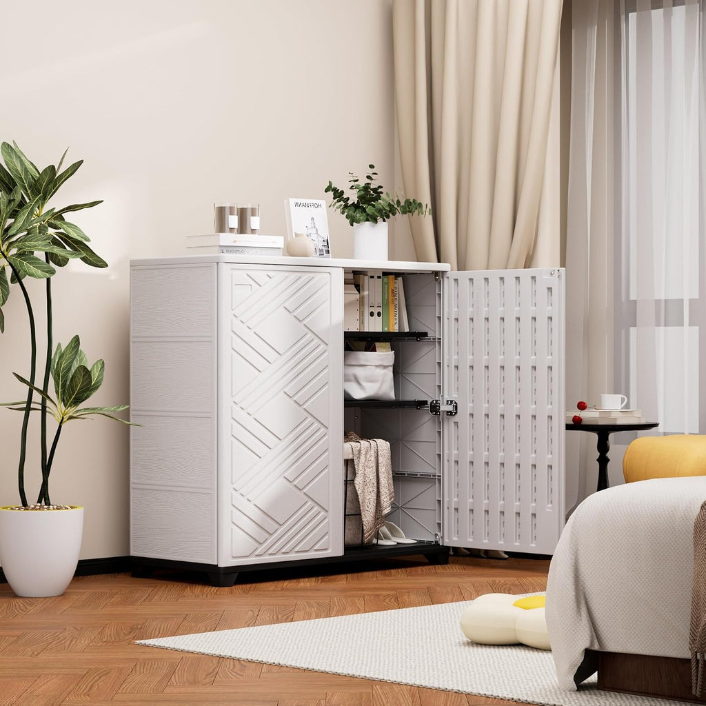 Mrosaa Storage Box Outdoor Caninet,Resin Indoor Storage Box Waterproof,Outdoor Storage Cabinets for Patio/Garden/Backyard(with 1 Shelf)-White