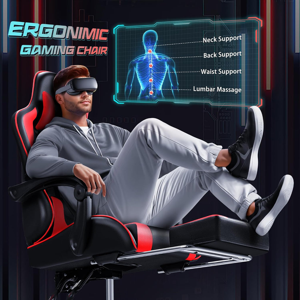 JUMMICO Gaming Chair Ergonomic Computer Chair with Footrest and Massage Lumbar Support, Height Adjustable Video Gaming Chair with 360° Swivel Seat and Headrest (Red)