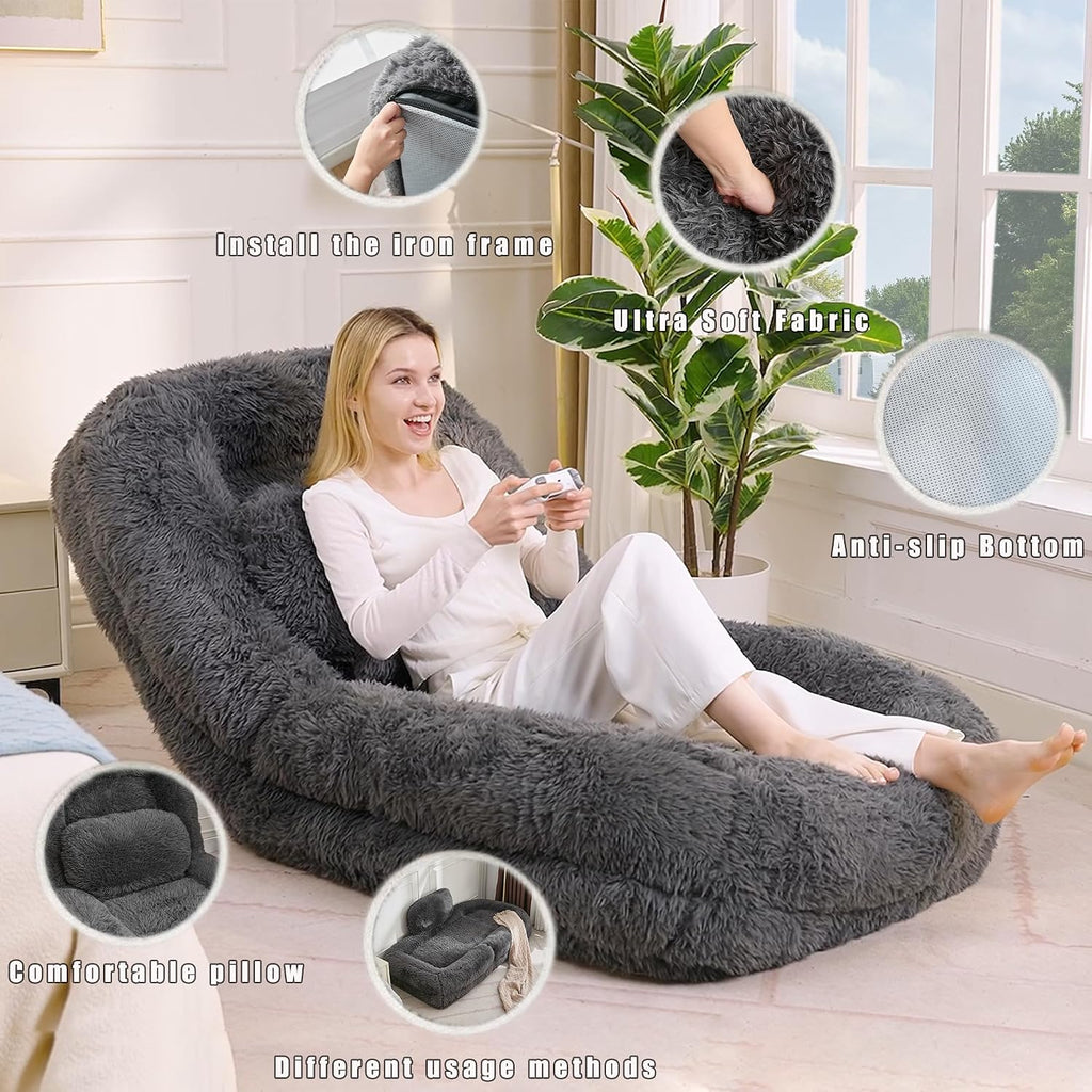 Floor Chair with Back Support, Human Dog Bed with 5 Adjustable Position, Convertible Lazy Floor Lounger, Comfy Gaming Chair, Plush Folding Sofa Bed for Adult, Living Room, Bedroom, Dark Gray