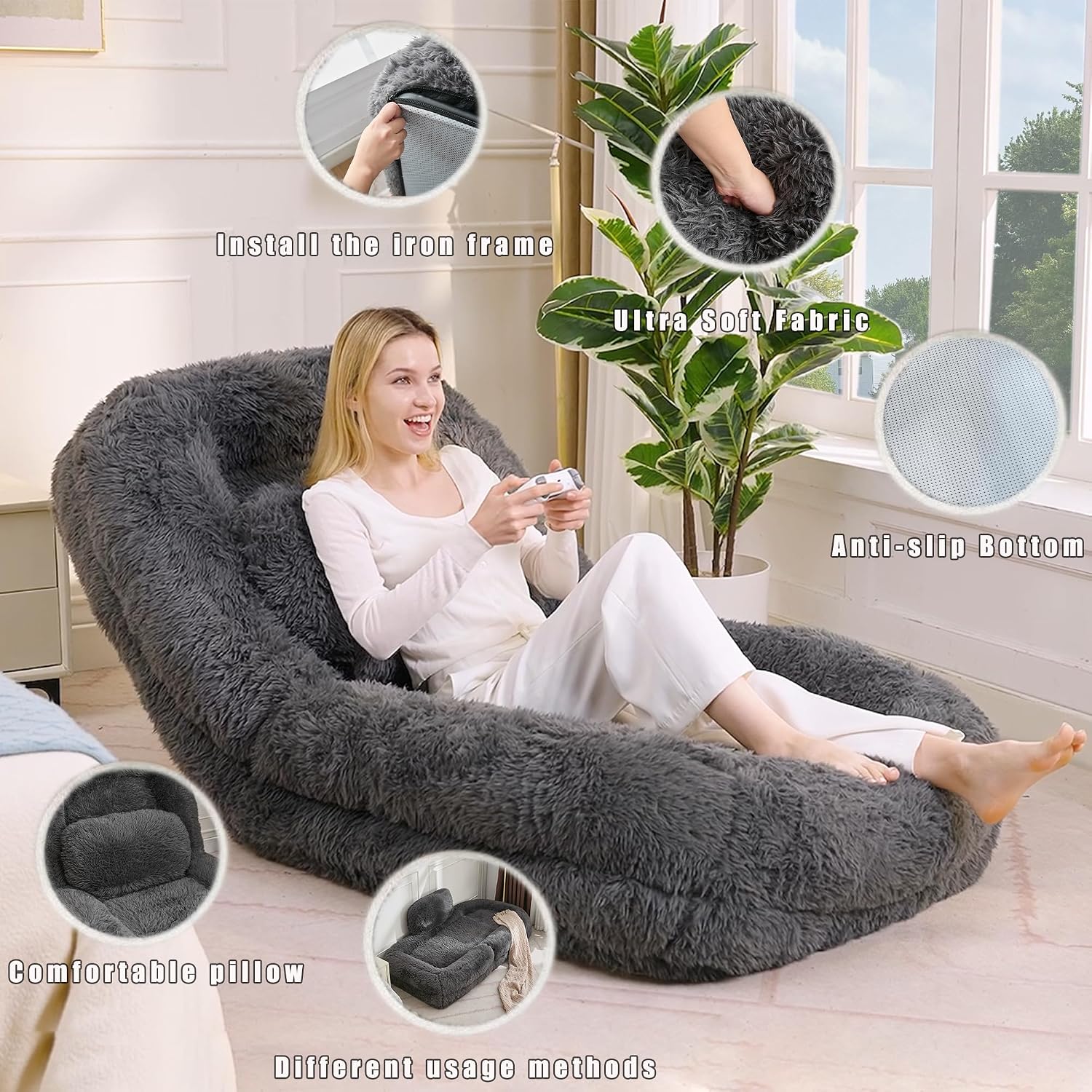 Floor Chair with Back Support, Human Dog Bed with 5 Adjustable Position, Convertible Lazy Floor Lounger, Comfy Gaming Chair, Plush Folding Sofa Bed for Adult, Living Room, Bedroom, Dark Gray