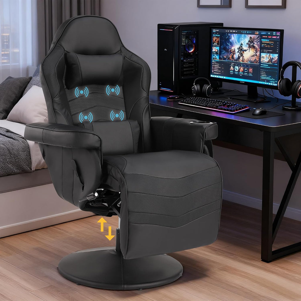 Game Reclining Chair with Adjustable Height, PU Gaming Chair with Massage, Long Footrest and Lumbar Support, High Back Swivel Computer Game Chair for Adult(Black)