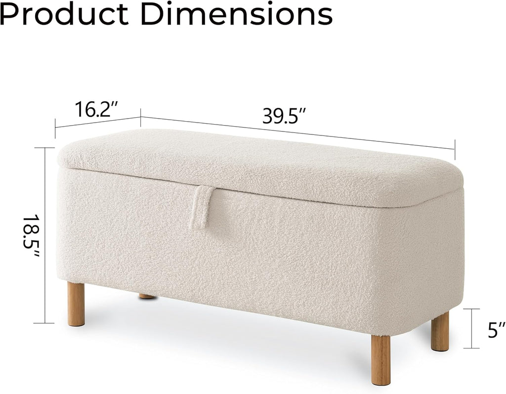 Boucle Storage Ottoman Bench for Bedroom end of Bed, Sherpa Upholstered Shoe Seat Storage Bench for Entryway Bed Foot, Rectangle Cushion Padded Blanket Chest Cute for Living Room, White