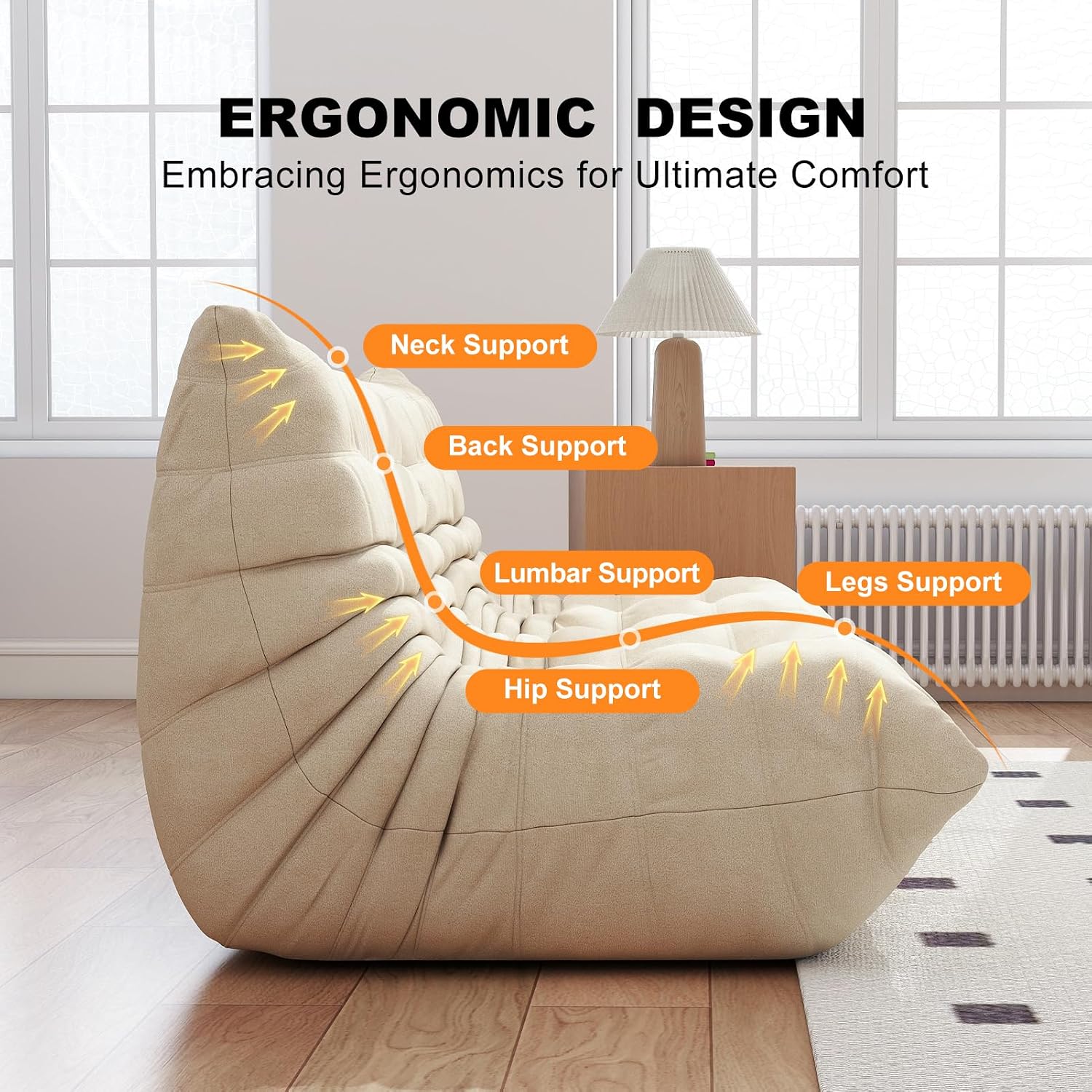 Full Foam Three Seater Sofa – Bean Bag Chairs Floor Couch for Adults, Waterproof Upholstery, Armless Fireside Lounge Chair for Living Room, Apartment, or Office (White)