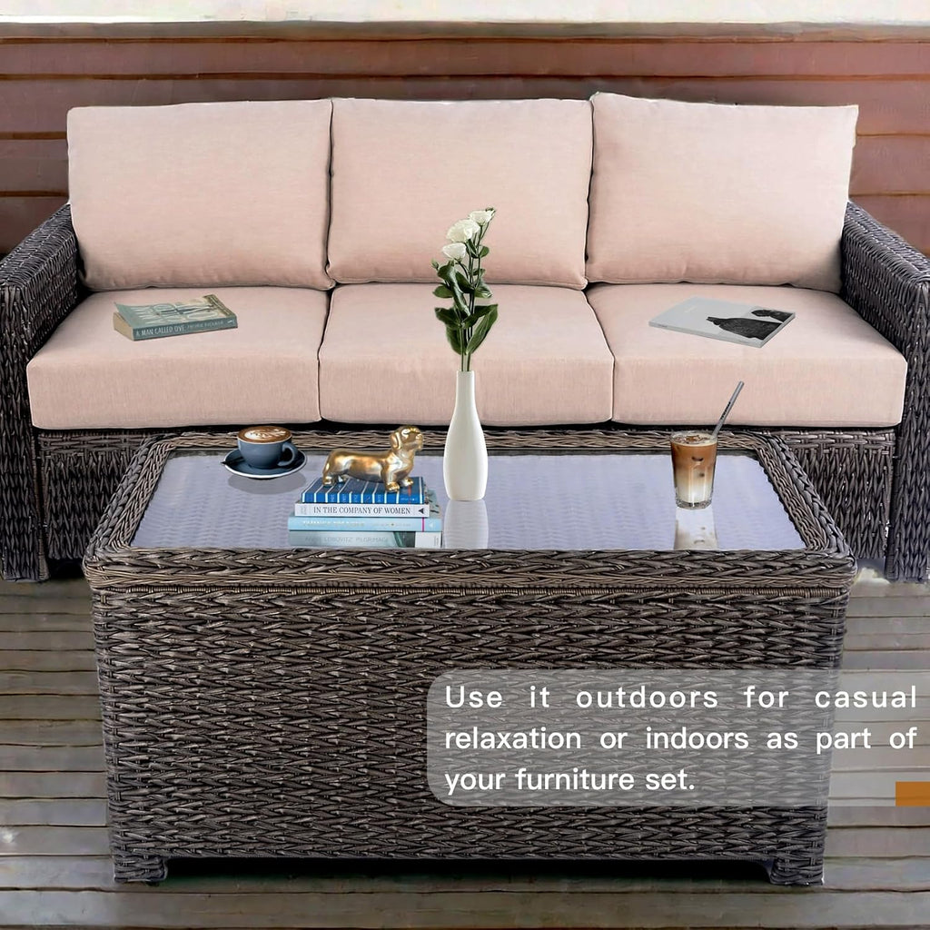 Classic Wicker Patio Coffee Table with Storage, 40'' All-Weather Rattan Outdoor Coffee Tables, Tempered Glass Flip-Top, Waterproof for Porch Backyard, Dark Brown