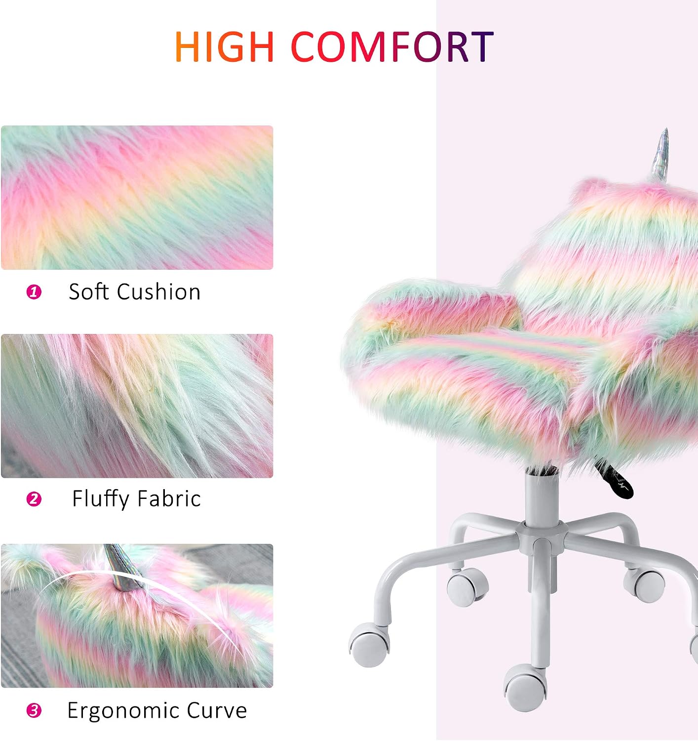 HOMCOM Fluffy Unicorn Office Chair with Mid-Back and Armrest Support, 5 Star Swivel Wheel White Base, Rainbow