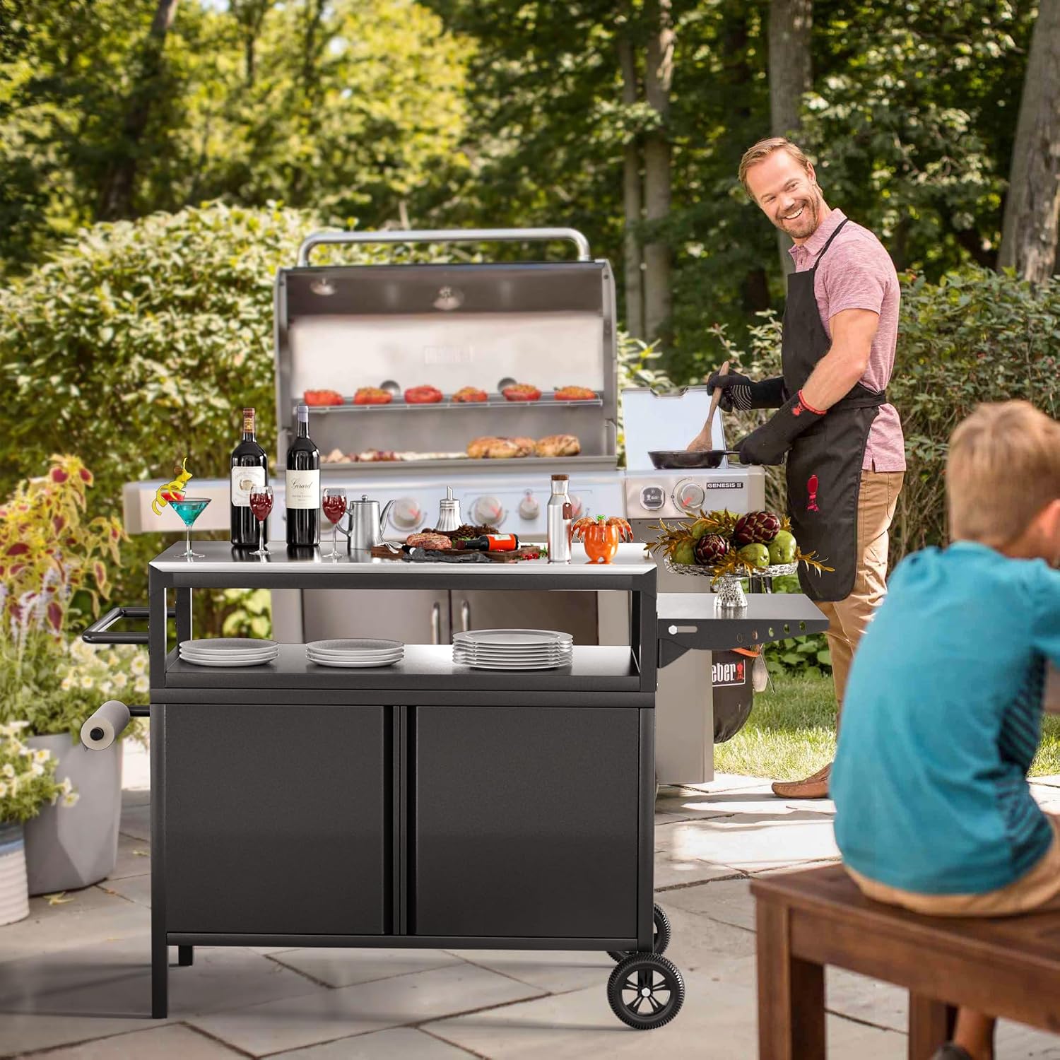 Outdoor Grill Table with Storage, Movable Outdoor Grill Cart, Stainless-Steel Tabletop Outdoor Kitchen Island, Patio Kitchen Island BBQ Cart with Wheels for Home BBQ Backyard Party