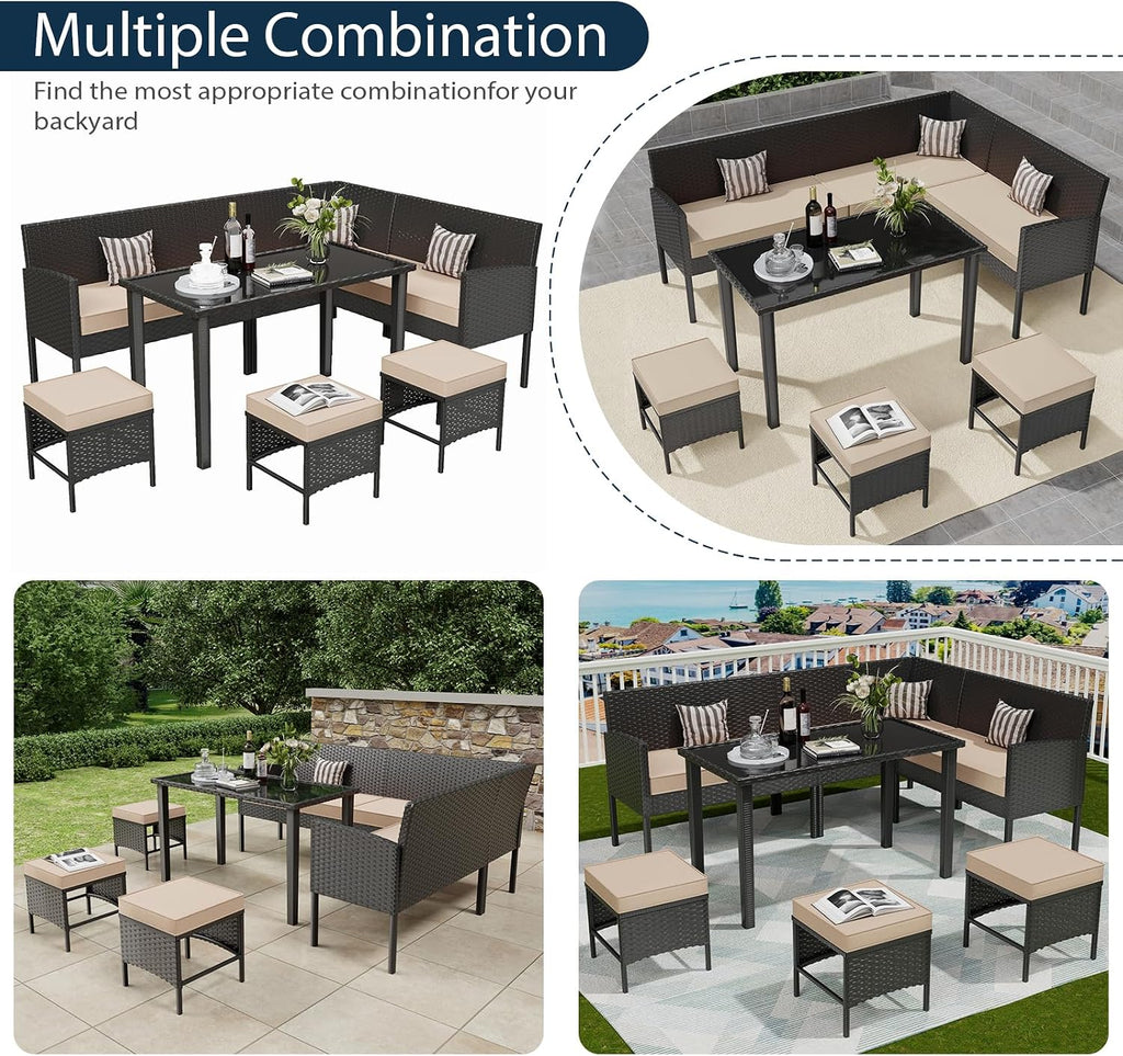 7 Piece Outdoor Dining Set, Patio Furniture with Cushions & 3 Pillows, Conversation Wicker Sectional Sofa Set with Long Glass Coffee Table for Garden, Porch, Lawn, Khaki