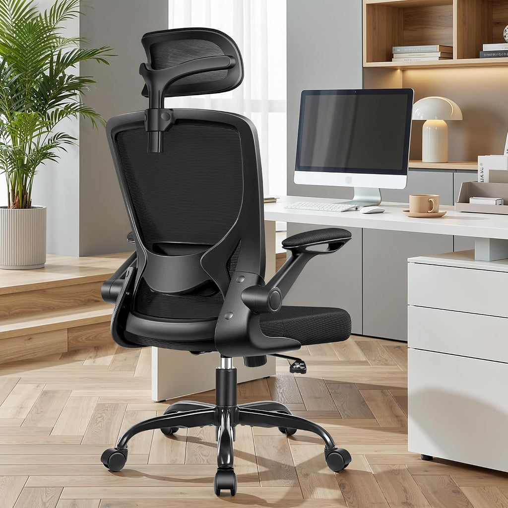 BESTFAIR Office Chair Ergonomic Desk Chair, Breathable Mesh Office Chairs with Adjustable Lumbar Support, Flip-Up Arms, Computer Desk Chair Comfy for Home Office, 4 Pack