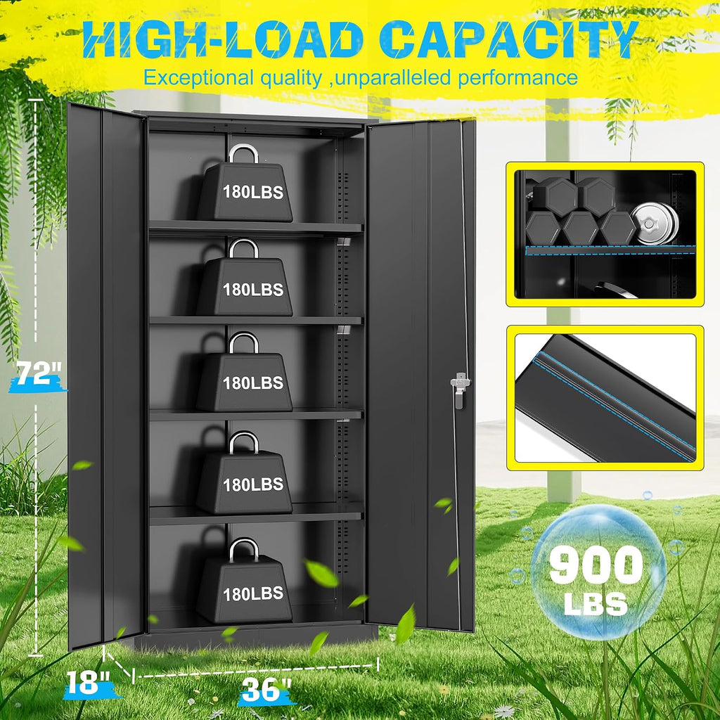 Pataku Metal Storage Cabinet, 72' Garage Cabinet with Doors and Shelves Lockable Steel Multifunctional Cabinets, Black File Cabinets for Home, Office, Garage, Warehouse(Black)