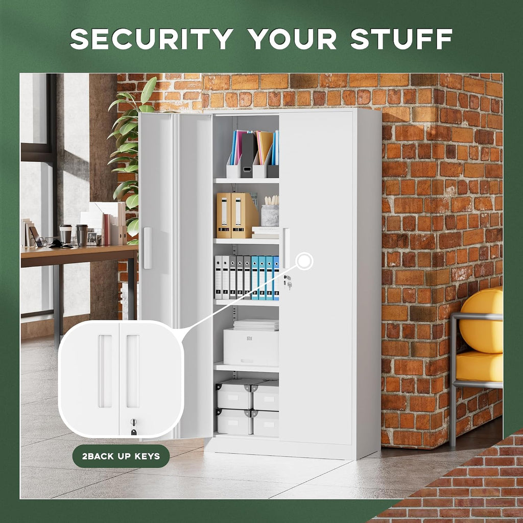 Greenvelly Metal Storage Cabinet, 72' Locking Metal Garage Storage Cabinet with Doors and 4 Adjustable Shelves, White Lockable Steel Cabinet for Home Office, Garage, Shop, School (32' W x 16' D)