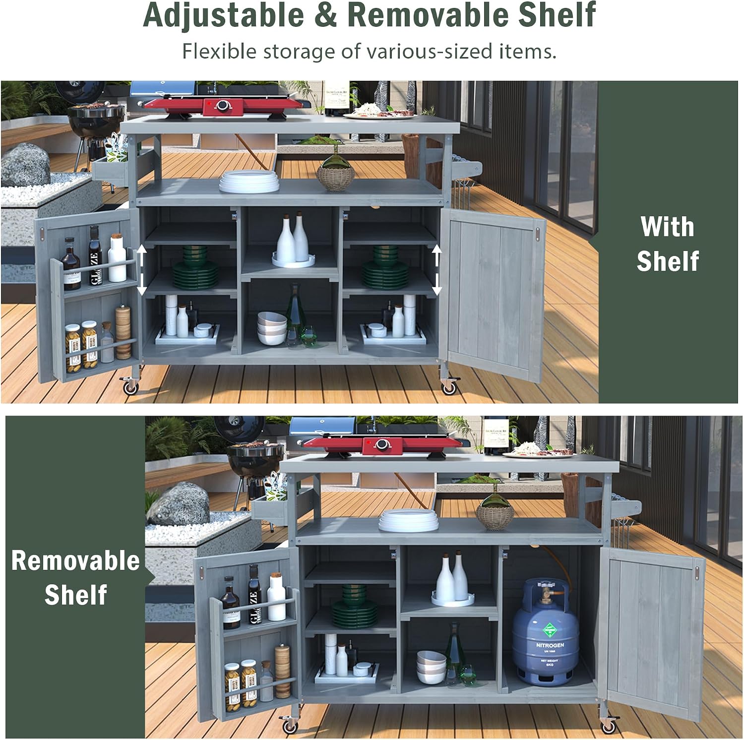Merax Outdoor Kitchen Island, Rolling Bar Cart & Storage Cabinet, Farmhouse Solid Wood Outdoor Grill Table with Stainless Steel Top, Spice Rack, Towel Rack for Kitchen & BBQ, Grey Blue
