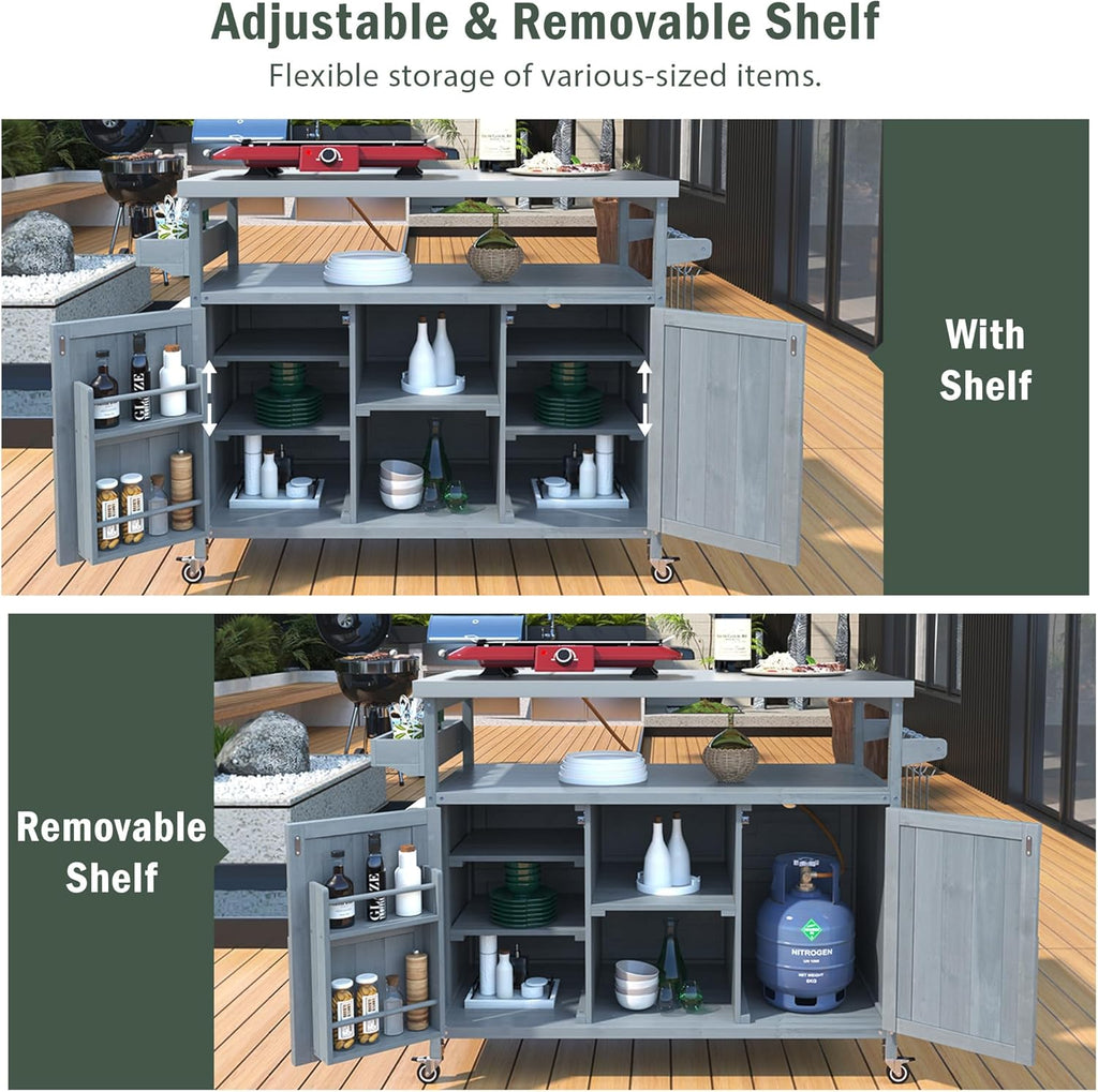 Outdoor Grill Cart with Storage, Farmhouse Outdoor Storage Cabinet with Stainless Steel Top, Wood Bar Patio Kitchen Island with Spice Rack, Towel Holder, Hooks & Locking Wheels for Patio BBQ(Blue)