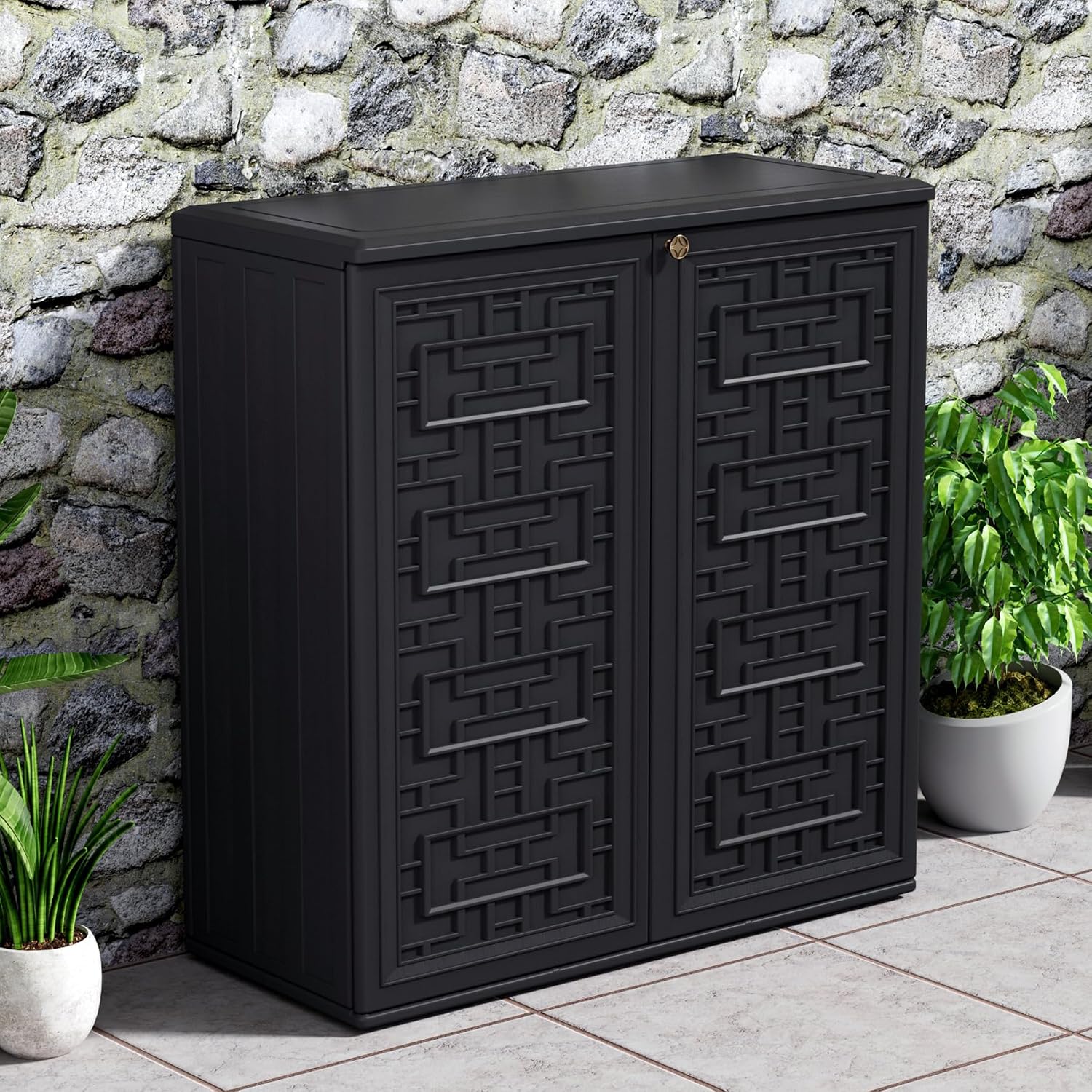 Mrosaa Indoor Outdoor Storage Cabinet Waterproof with Shelf,Plastic Storage Sheds Outdoor Cabinets for Patio/Garden/Backyard, Size 34.3''L*15''W*36.2''H（Black）