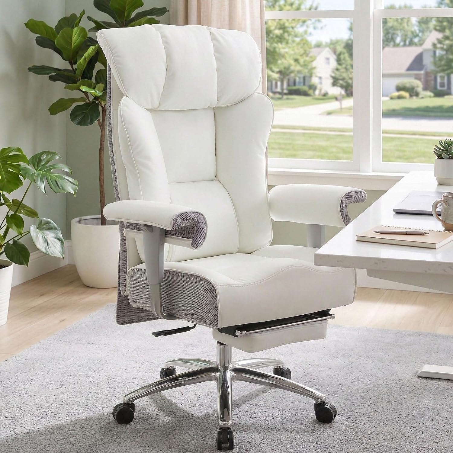 Efomao Big and Tall Office Chair 400lbs - Heavy Duty Executive Desk Chair with Foot Rest & 23' Wide Seat - High Back Ergonomic Leather Computer Chair for Heavy People, Home Office, White