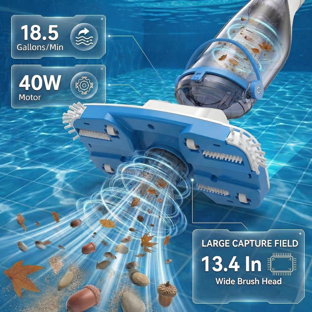 Consciot Pool Vacuum for Above Ground Pool & Inground Pool, Rechargeable Handheld Cleaner with Telescopic Pole,18.5 GPM Suction, 13.4' Head, 60-Min Runtime, for Spa & Hot Tub