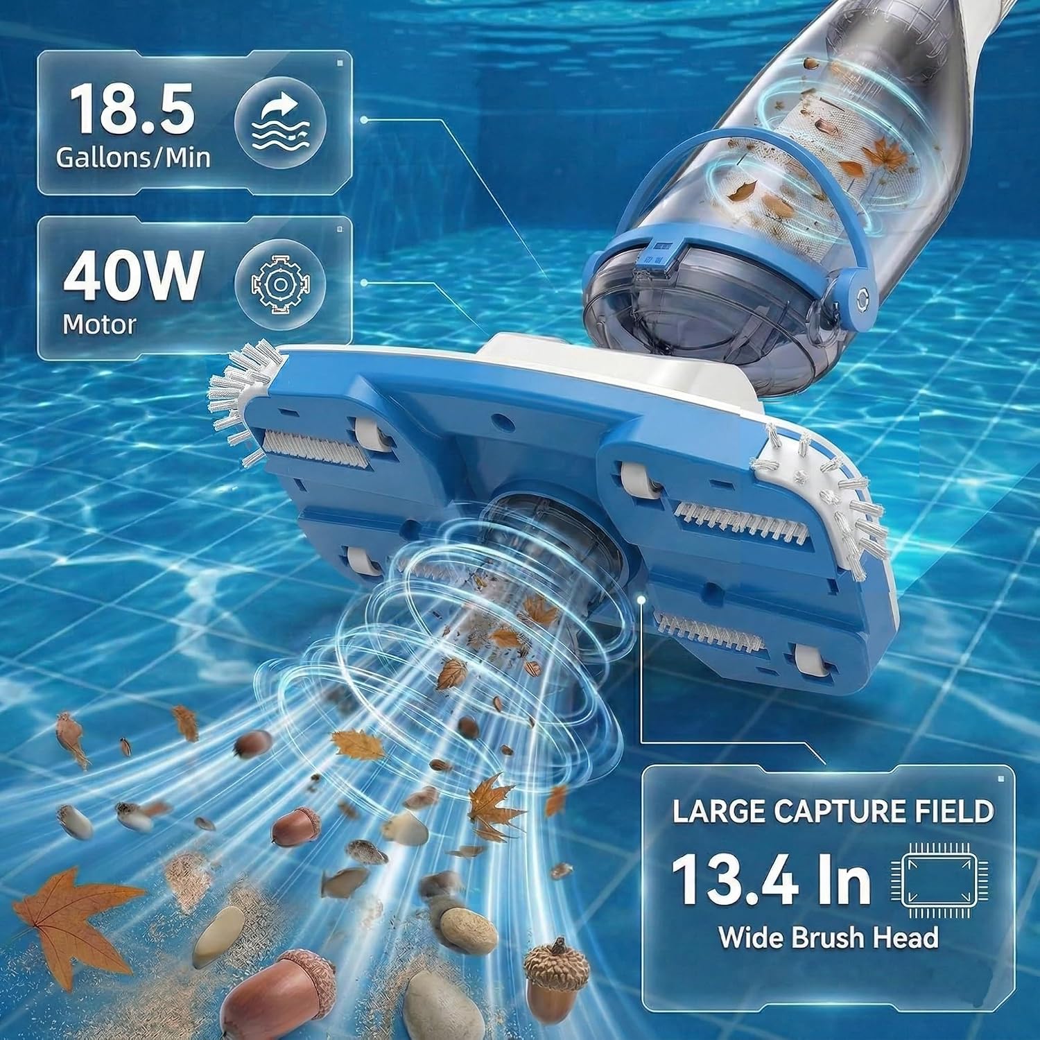 Consciot Pool Vacuum for Above Ground Pool & Inground Pool, Rechargeable Handheld Cleaner with Telescopic Pole,18.5 GPM Suction, 13.4' Head, 60-Min Runtime, for Spa & Hot Tub
