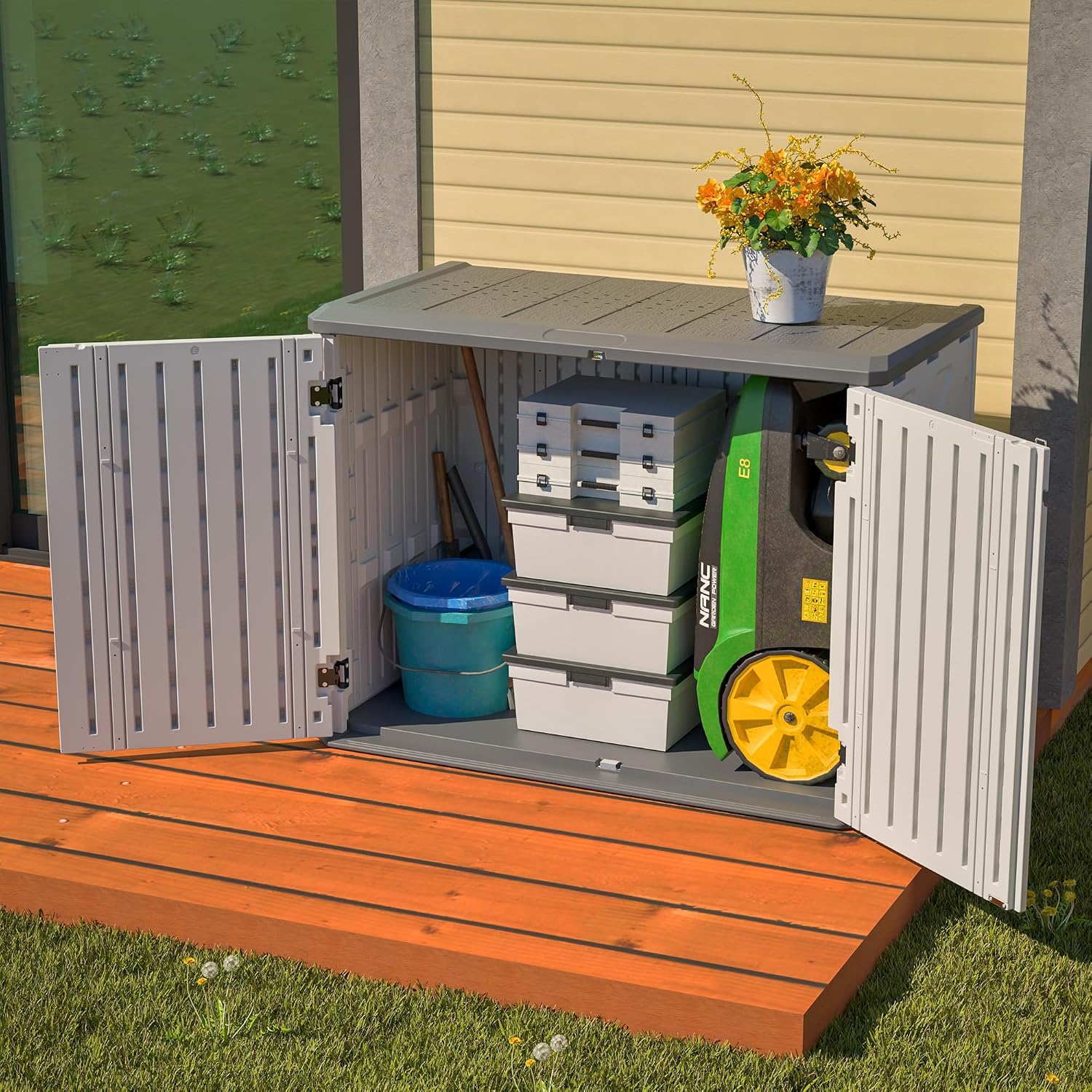 YOPTO Outdoor Storage Shed Horizontal Plastic Shed W/Lockable Cabinet,Weather Resistance Foldable House W/Sloped Roof & Dual-Locking Mechanism,28 Cu.ft Garden Tool House for Backyards,Patio,White