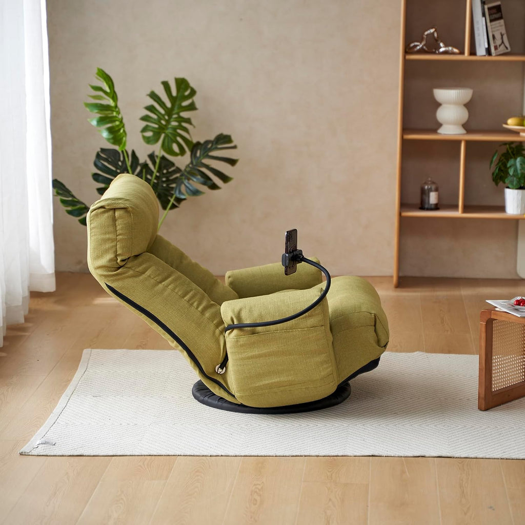 Floor Chair with Back Support, Swivel Gaming Chair with 5 Adjustable Position, Meditation Chair with Phone Holder, Linen Indoor Lounge Chair for Lazy Boys, Living Room, Bedroom, Lounge, Green