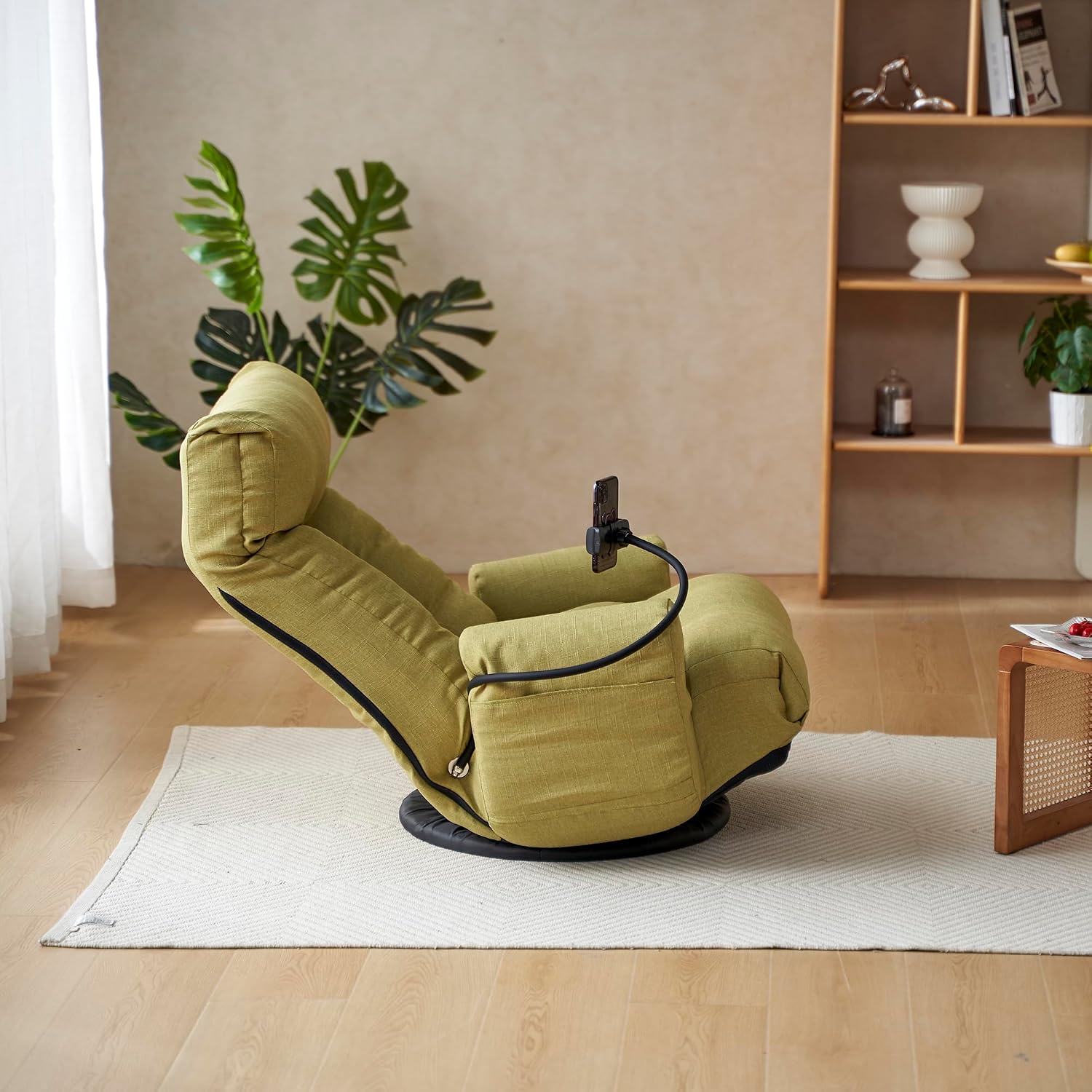 Floor Chair with Back Support, Swivel Gaming Chair with 5 Adjustable Position, Meditation Chair with Phone Holder, Linen Indoor Lounge Chair for Lazy Boys, Living Room, Bedroom, Lounge, Green