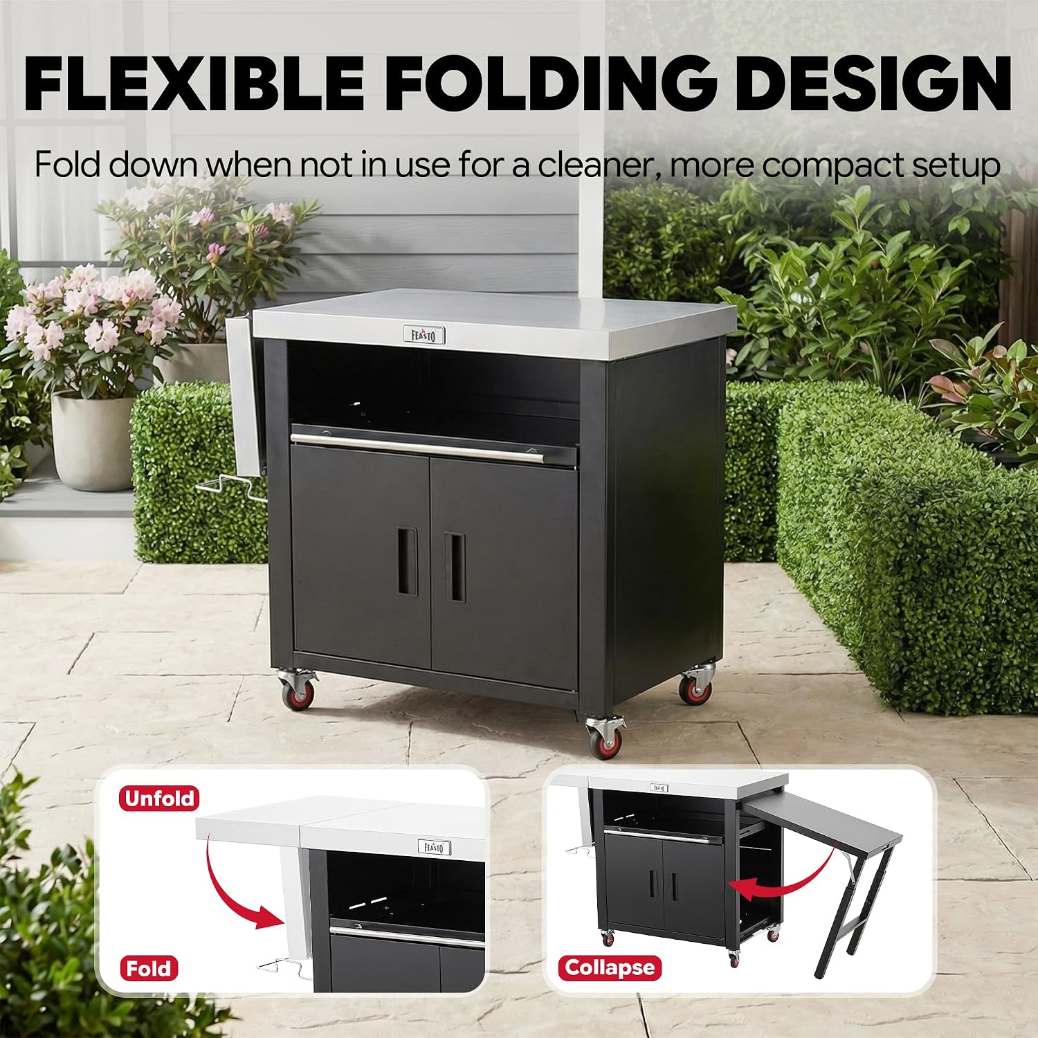 Outdoor Kitchen Island with Cabinet, Outdoor Grill Table with Stainless Steel Top for Pizza Oven& Griddles, Movable Bar Cart with Pull-Out Plate for Parties& Gathering, Heavy-Duty, L74'x W24'