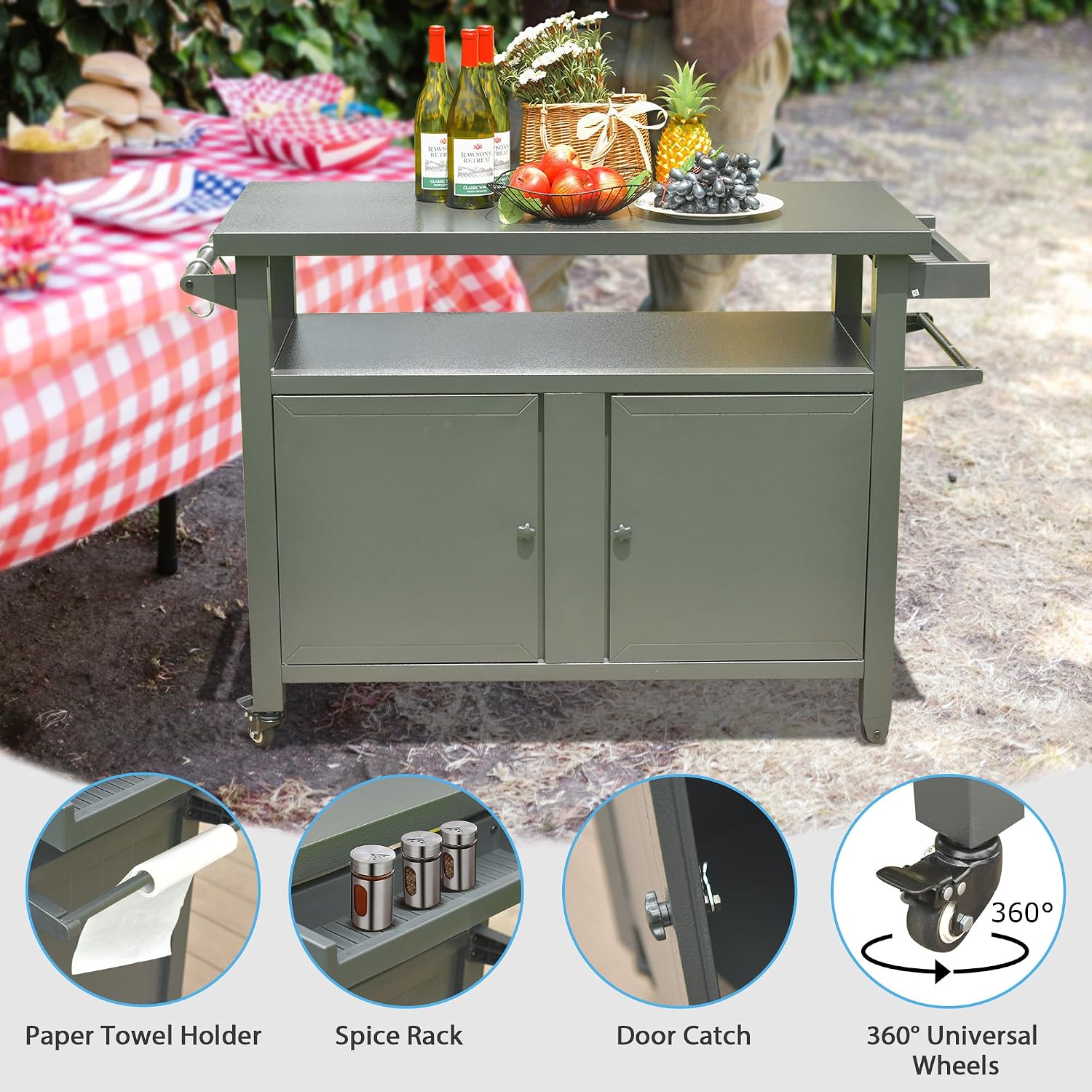 Domi Outdoor Grill Cart with Wheels,XL Outdoor Kitchen Island with Storage,Cooking Prep BBQ Table for Patio, Home Party, Lawn & Garden (Grey)