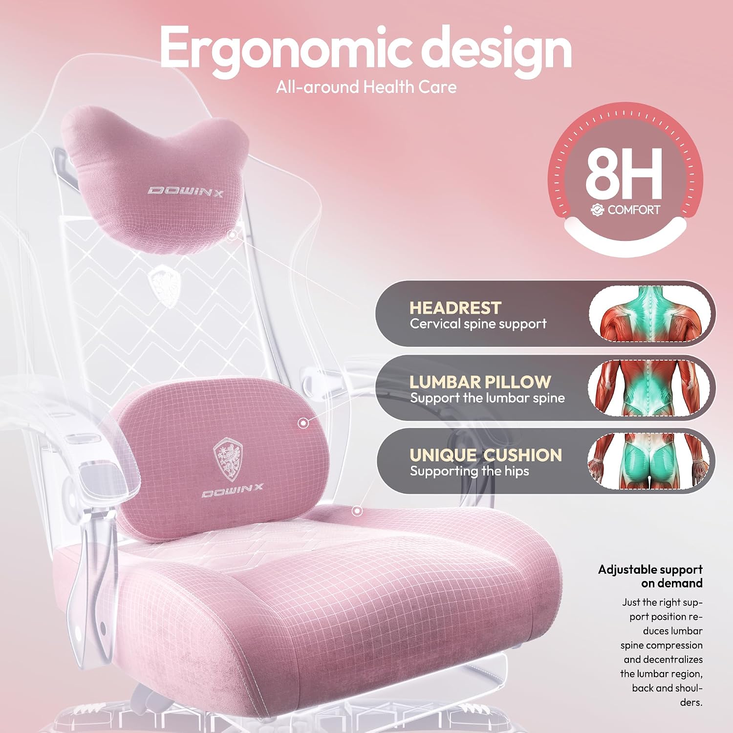 Dowinx Fabric Gaming Chair with Heated Massage Lumbar Support, Computer Game Chairs for Adults, Big Tall Gamer Chair with Pocket Spring Cushion and Footrest, Recliner Gaming Chairs for Adult,Pink